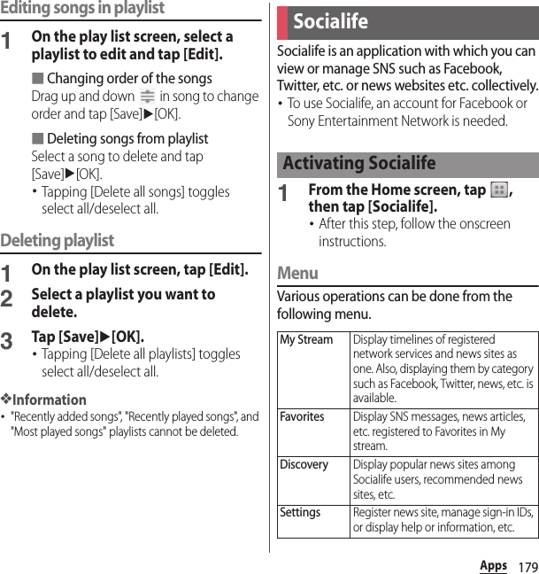 179AppsEditing songs in playlist1On the play list screen, select a playlist to edit and tap [Edit].■Changing order of the songsDrag up and down   in song to change order and tap [Save]u[OK].■Deleting songs from playlistSelect a song to delete and tap [Save]u[OK].･Tapping [Delete all songs] toggles select all/deselect all.Deleting playlist1On the play list screen, tap [Edit].2Select a playlist you want to delete.3Tap [Save]u[OK].･Tapping [Delete all playlists] toggles select all/deselect all.❖Information･&quot;Recently added songs&quot;, &quot;Recently played songs&quot;, and &quot;Most played songs&quot; playlists cannot be deleted.Socialife is an application with which you can view or manage SNS such as Facebook, Twitter, etc. or news websites etc. collectively.･To use Socialife, an account for Facebook or Sony Entertainment Network is needed.1From the Home screen, tap  , then tap [Socialife].･After this step, follow the onscreen instructions.MenuVarious operations can be done from the following menu.SocialifeActivating SocialifeMy StreamDisplay timelines of registered network services and news sites as one. Also, displaying them by category such as Facebook, Twitter, news, etc. is available.FavoritesDisplay SNS messages, news articles, etc. registered to Favorites in My stream.DiscoveryDisplay popular news sites among Socialife users, recommended news sites, etc.SettingsRegister news site, manage sign-in IDs, or display help or information, etc.