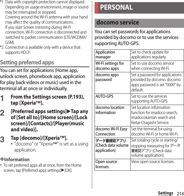 214Settings*1 Data with copyright protection cannot displayed.Depending on usage environment, image or sound may be interrupted or stopped.Covering around the Wi-Fi antenna with your hand may affect the quality of communications.If you start Screen mirroring during Wi-Fi connection, Wi-Fi connection is disconnected and switched to packet communication (LTE/WCDMA/GSM).*2 Connection is available only with a device that supports HDCP.Setting preferred appsYou can set for applications (Home app, unlock screen, phonebook app, application for play back videos or music) used in the terminal all at once or individually.1From the Settings screen (P.193), tap [Xperia™].2[Preferred apps settings]uTap any of [Set all to]/[Home screen]/[Lock screen]/[Contacts]/[Player(music and video)].3Tap [docomo]/[Xperia™].･&quot;docomo&quot; or &quot;Xperia™&quot; is set as a using application.❖Information･To set preferred apps all at once, from the Home screen, tap [Preferred apps settings]u[OK].You can set passwords for applications provided by docomo or to use the services supporting AUTO-GPS.PERSONALdocomo serviceApplication managerSet to check update for applications regularly.Wi-Fi settings for docomo appsSet to use docomo service when connecting Wi-Fi.docomo apps passwordSet a password for applications provided by docomo. docomo apps password is set &quot;0000&quot; by default.AUTO-GPSSet to use the services supporting AUTO-GPS.docomo location informationSet location information function for imadoco search, imadocokantan search and Keitai-Osagashi Service.docomo Wi-Fi Easy ConnectionSet the terminal for using docomo Wi-Fi or home Wi-Fi.データ量確認アプリ (Check data volume application)Set totaling cycle or starting/stopping measuring for データ量確認アプリ (Check data volume application).Open source licensesView open source licenses.