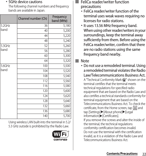 22Contents/Precautions･5GHz device cautionsThe following channel numbers and frequency bands are available in Japan.Using wireless LAN built-into the terminal in 5.2/5.3 GHz outside is prohibited by the Radio Law.■ FeliCa reader/writer function precautions･FeliCa reader/writer function of the terminal uses weak waves requiring no licenses for radio stations.･It uses 13.56 MHz frequency band. When using other reader/writers in your surroundings, keep the terminal away sufficiently from them. Before using the FeliCa reader/writer, confirm that there are no radio stations using the same frequency band nearby.■ Note･Do not use a remodeled terminal. Using a remodeled terminal violates the Radio Law/Telecommunications Business Act.A &quot;Technical Conformity Mark  &quot; shown on the terminal certifies that the terminal meets technical regulations for specified radio equipment that are based on the Radio Law and also certifies a technical standards conformity for terminal equipment that are based on the Telecommunications Business Act. To check the certificate, from the Home screen, tap   and tap [Settings]u[About phone]u[Legal information]u[Certificates].If you remove the screws and alter the inside of the terminal, the technical regulations conformity certification becomes invalid.Do not use the terminal with the certification invalid, as it is a violation of the Radio Law and Telecommunications Business Act.Channel number (Ch) Frequency band (MHz)5.2GHz band36 5,18040 5,20044 5,22048 5,2405.3GHz band52 5,26056 5,28060 5,30064 5,3205.6GHz band100 5,500104 5,520108 5,540112 5,560116 5,580120 5,600124 5,620128 5,640132 5,660136 5,680140 5,700