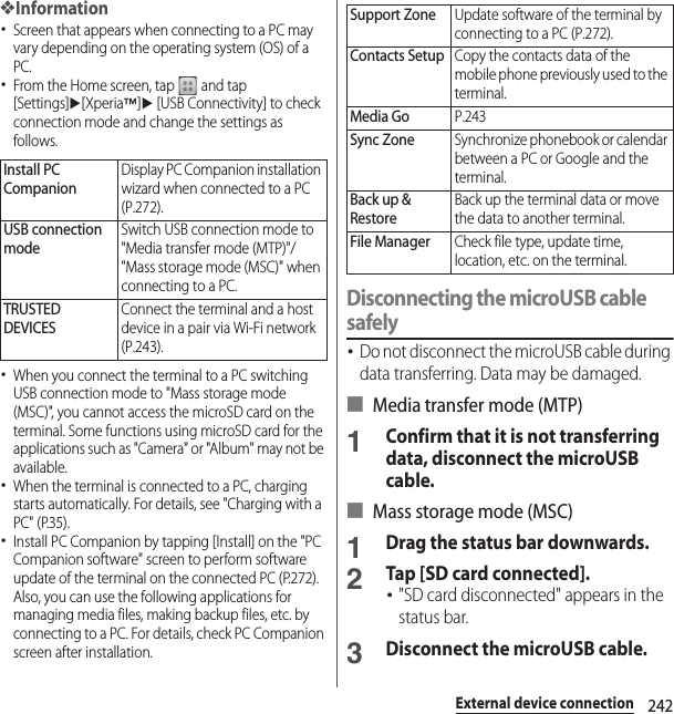 242External device connection❖Information･Screen that appears when connecting to a PC may vary depending on the operating system (OS) of a PC.･From the Home screen, tap   and tap [Settings]u[Xperia™]u [USB Connectivity] to check connection mode and change the settings as follows.･When you connect the terminal to a PC switching USB connection mode to &quot;Mass storage mode (MSC)&quot;, you cannot access the microSD card on the terminal. Some functions using microSD card for the applications such as &quot;Camera&quot; or &quot;Album&quot; may not be available.･When the terminal is connected to a PC, charging starts automatically. For details, see &quot;Charging with a PC&quot; (P.35).･Install PC Companion by tapping [Install] on the &quot;PC Companion software&quot; screen to perform software update of the terminal on the connected PC (P.272). Also, you can use the following applications for managing media files, making backup files, etc. by connecting to a PC. For details, check PC Companion screen after installation.Disconnecting the microUSB cable safely･Do not disconnect the microUSB cable during data transferring. Data may be damaged.■ Media transfer mode (MTP)1Confirm that it is not transferring data, disconnect the microUSB cable.■ Mass storage mode (MSC)1Drag the status bar downwards.2Tap [SD card connected].･&quot;SD card disconnected&quot; appears in the status bar.3Disconnect the microUSB cable.Install PC CompanionDisplay PC Companion installation wizard when connected to a PC (P.272).USB connection modeSwitch USB connection mode to &quot;Media transfer mode (MTP)&quot;/&quot;Mass storage mode (MSC)&quot; when connecting to a PC.TRUSTED DEVICESConnect the terminal and a host device in a pair via Wi-Fi network (P.243).Support ZoneUpdate software of the terminal by connecting to a PC (P.272).Contacts SetupCopy the contacts data of the mobile phone previously used to the terminal.Media GoP.243Sync ZoneSynchronize phonebook or calendar between a PC or Google and the terminal.Back up &amp; RestoreBack up the terminal data or move the data to another terminal.File ManagerCheck file type, update time, location, etc. on the terminal.