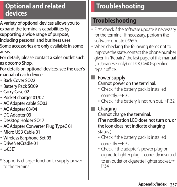 257Appendix/IndexAppendix/IndexA variety of optional devices allows you to expand the terminal&apos;s capabilities by supporting a wide range of purpose, including personal and business uses.Some accessories are only available in some areas.For details, please contact a sales outlet such as docomo Shop.For details on optional devices, see the user&apos;s manual of each device.･Back Cover SO22･Battery Pack SO09･Carry Case 02･Pocket charger 01/02･AC Adapter cable SO03･AC Adapter 03/04･DC Adapter 03･Desktop Holder SO17･AC Adapter Converter Plug TypeC 01･Micro USB Cable 01･Wireless Earphone Set 03･DriveNetCradle 01･L-03E** Supports charger function to supply power to the terminal.･First, check if the software update is necessary for the terminal. If necessary, perform the software update (P.269).･When checking the following items not to improve the state, contact the phone number given in &quot;Repairs&quot; the last page of this manual (in Japanese only) or DOCOMO-specified repair office.■ Power supplyCannot power on the terminal.･Check if the battery pack is installed correctly.→P.32･Check if the battery is not run out.→P.32■ ChargingCannot charge the terminal.(The notification LED does not turn on, or the icon does not indicate charging status.)･Check if the battery pack is installed correctly.→P.32･Check if the adapter&apos;s power plug or cigarette lighter plug is correctly inserted to an outlet or cigarette lighter socket.→P.34Optional and related devicesTroubleshootingTroubleshooting