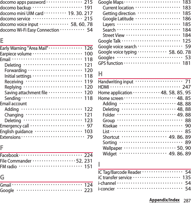 287Appendix/Indexdocomo apps password････････････････ 215docomo backup･･････････････････････ 191docomo mini UIM card･･････････ 19, 30, 217docomo service･･････････････････････ 215docomo voice input･････････････ 58, 60, 78docomo Wi-Fi Easy Connection･･･････････ 54EEarly Warning &quot;Area Mail&quot;･･･････････････ 126Earpiece volume･･････････････････････ 100Email･･･････････････････････････････ 118Deleting･･････････････････････････ 121Forwarding････････････････････････ 120Initial settings･･････････････････････ 118Receiving･････････････････････････ 119Replying･･････････････････････････ 120Saving attachment file･･･････････････ 120Sending･･･････････････････････････ 118Email accountAdding･･･････････････････････････ 122Changing･････････････････････････ 121Deleting･･････････････････････････ 123Emergency call････････････････････････ 97English guidance･････････････････････ 103Extensions････････････････････････････ 79FFacebook････････････････････････････ 224File Commander･･･････････････････ 52, 231FM radio････････････････････････････ 151GGmail･･･････････････････････････････ 124Google･････････････････････････････ 223Google Maps･････････････････････････ 183Current location････････････････････ 183Getting direction･･･････････････････ 185Google Latitude････････････････････ 186Layers････････････････････････････ 185Search････････････････････････････ 184Street View････････････････････････ 184Google Talk･･････････････････････････ 125Google voice search････････････････････ 59Google voice typing･････････････ 58, 60, 78Google+･････････････････････････････ 53GPS function･････････････････････････ 181HHandwriting input･････････････････････ 71HDMI･･･････････････････････････････ 247Home application････････････ 48, 58, 85, 95Home screen･･･････････････････････ 48, 85Adding･････････････････････････ 48, 88Deleting････････････････････････ 48, 88Folder･･････････････････････････ 49, 88Group･････････････････････････････ 88Kisekae････････････････････････････ 90List････････････････････････････････ 85Shortcut････････････････････ 49, 86, 89Sorting････････････････････････････ 89Wallpaper･･･････････････････････ 50, 90Widget･････････････････････ 49, 86, 89IIC Tag/Barcode Reader･･････････････････ 54iC transfer service･････････････････････ 135i-channel･････････････････････････････ 54i-concier･････････････････････････････ 54