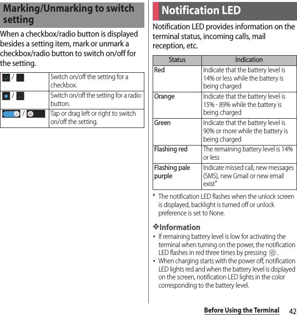 42Before Using the TerminalWhen a checkbox/radio button is displayed besides a setting item, mark or unmark a checkbox/radio button to switch on/off for the setting.Notification LED provides information on the terminal status, incoming calls, mail reception, etc.* The notification LED flashes when the unlock screen is displayed, backlight is turned off or unlock preference is set to None.❖Information･If remaining battery level is low for activating the terminal when turning on the power, the notification LED flashes in red three times by pressing P.･When charging starts with the power off, notification LED lights red and when the battery level is displayed on the screen, notification LED lights in the color corresponding to the battery level.Marking/Unmarking to switch setting /  Switch on/off the setting for a checkbox. /  Switch on/off the setting for a radio button. /  Tap or drag left or right to switch on/off the setting.Notification LEDStatus IndicationRedIndicate that the battery level is 14% or less while the battery is being chargedOrangeIndicate that the battery level is 15% - 89% while the battery is being chargedGreenIndicate that the battery level is 90% or more while the battery is being chargedFlashing redThe remaining battery level is 14% or lessFlashing pale purpleIndicate missed call, new messages (SMS), new Gmail or new email exist*