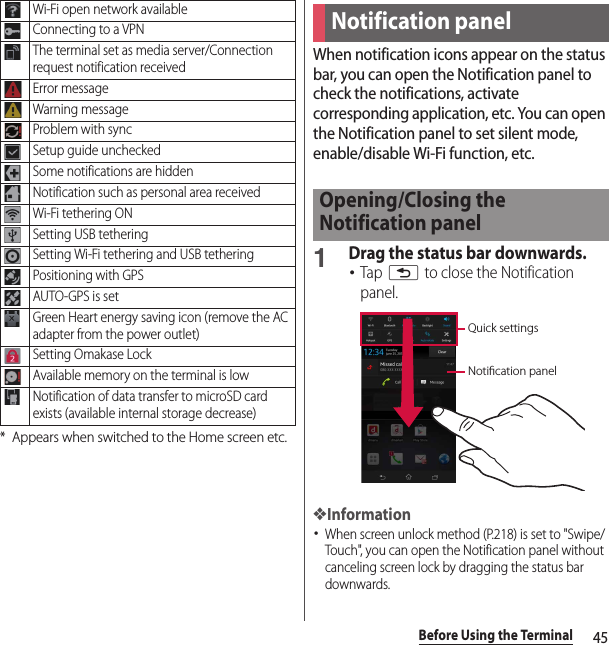 45Before Using the Terminal*Appears when switched to the Home screen etc.When notification icons appear on the status bar, you can open the Notification panel to check the notifications, activate corresponding application, etc. You can open the Notification panel to set silent mode, enable/disable Wi-Fi function, etc.1Drag the status bar downwards.･Tap x to close the Notification panel.❖Information･When screen unlock method (P.218) is set to &quot;Swipe/Touch&quot;, you can open the Notification panel without canceling screen lock by dragging the status bar downwards.Wi-Fi open network availableConnecting to a VPNThe terminal set as media server/Connection request notification receivedError messageWarning messageProblem with syncSetup guide uncheckedSome notifications are hiddenNotification such as personal area receivedWi-Fi tethering ONSetting USB tetheringSetting Wi-Fi tethering and USB tetheringPositioning with GPSAUTO-GPS is setGreen Heart energy saving icon (remove the AC adapter from the power outlet)Setting Omakase LockAvailable memory on the terminal is lowNotification of data transfer to microSD card exists (available internal storage decrease)Notification panelOpening/Closing the Notification panelQuick settingsNotication panel