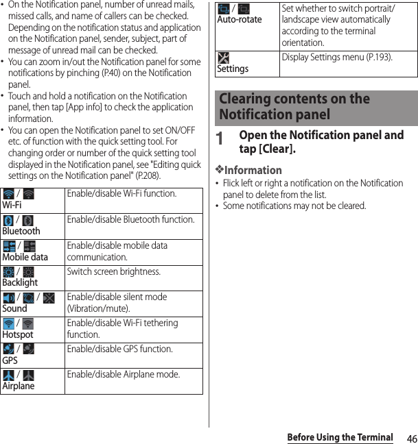46Before Using the Terminal･On the Notification panel, number of unread mails, missed calls, and name of callers can be checked. Depending on the notification status and application on the Notification panel, sender, subject, part of message of unread mail can be checked.･You can zoom in/out the Notification panel for some notifications by pinching (P.40) on the Notification panel.･Touch and hold a notification on the Notification panel, then tap [App info] to check the application information.･You can open the Notification panel to set ON/OFF etc. of function with the quick setting tool. For changing order or number of the quick setting tool displayed in the Notification panel, see &quot;Editing quick settings on the Notification panel&quot; (P.208).1Open the Notification panel and tap [Clear].❖Information･Flick left or right a notification on the Notification panel to delete from the list.･Some notifications may not be cleared. / Wi-FiEnable/disable Wi-Fi function. / BluetoothEnable/disable Bluetooth function. / Mobile dataEnable/disable mobile data communication. / BacklightSwitch screen brightness. /   / SoundEnable/disable silent mode (Vibration/mute). / HotspotEnable/disable Wi-Fi tethering function. / GPSEnable/disable GPS function. / AirplaneEnable/disable Airplane mode. / Auto-rotateSet whether to switch portrait/landscape view automatically according to the terminal orientation.SettingsDisplay Settings menu (P.193).Clearing contents on the Notification panel