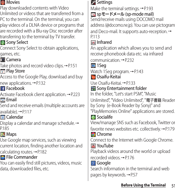 51Before Using the Terminal MoviesPlay downloaded contents with Video Unlimited or videos that are transferred from a PC to the terminal. On the terminal, you can play videos of a DLNA device or programs that are recorded with a Blu-ray Disc recorder after transferring to the terminal by TV transfer. Sony SelectConnect Sony Select to obtain applications, games, etc. CameraTake photos and record video clips.→P. 1 5 1 Play StoreAccess to the Google Play, download and buy new applications.→P. 1 3 2 FacebookActivate Facebook client application.→P.223 EmailSend and receive emails (multiple accounts are available).→P. 1 1 7 CalendarDisplay a calendar and manage schedule.→P. 1 8 5 MapsUse Google map services, such as viewing current location, finding another location and calculating routes.→P. 1 8 2 File CommanderYou can easily find still pictures, videos, music data, downloaded files, etc. SettingsMake the terminal settings.→P. 1 9 3 spモードメール (sp-mode mail)Send/receive mails using DOCOMO mail address (@docomo.ne.jp). You can use pictogram and Deco-mail. It supports auto-reception.→P. 1 1 3 InfraredAn application which allows you to send and receive phonebook data etc. via infrared communication.→P. 2 3 2 1SegWatch 1Seg program.→P.143 Osaifu-KeitaiUse Osaifu-Keitai.→P. 1 3 3 Sony Entertainment folderIn the folder, &quot;Let&apos;s start PSM&quot;, &quot;Music Unlimited&quot;, &quot;Video Unlimited&quot;, &quot;電子書籍 Reader by Sony  (e-Book Reader by Sony)&quot; and &quot;PlayMemories Online&quot; applications are stored. SocialifeView/manage SNS such as Facebook, Twitter or favorite news websites etc. collectively.→P. 1 7 9 ChromeConnect to the Internet with Google Chrome. YouTubePlayback videos around the world or upload recorded videos.→P.176 GoogleSearch information in the terminal and web pages by keywords.→P. 5 7