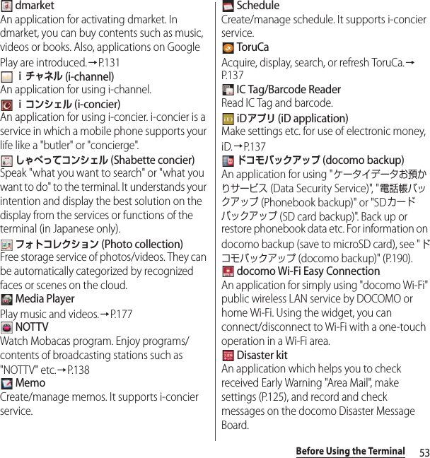 53Before Using the Terminal dmarketAn application for activating dmarket. In dmarket, you can buy contents such as music, videos or books. Also, applications on Google Play are introduced.→P.131 ｉチャネル (i-channel)An application for using i-channel. ｉコンシェル (i-concier)An application for using i-concier. i-concier is a service in which a mobile phone supports your life like a &quot;butler&quot; or &quot;concierge&quot;. しゃべってコンシェル (Shabette concier)Speak &quot;what you want to search&quot; or &quot;what you want to do&quot; to the terminal. It understands your intention and display the best solution on the display from the services or functions of the terminal (in Japanese only). フォトコレクション (Photo collection)Free storage service of photos/videos. They can be automatically categorized by recognized faces or scenes on the cloud. Media PlayerPlay music and videos.→P.177 NOTTVWatch Mobacas program. Enjoy programs/contents of broadcasting stations such as &quot;NOTTV&quot; etc.→P.138 MemoCreate/manage memos. It supports i-concier service. ScheduleCreate/manage schedule. It supports i-concier service. ToruCaAcquire, display, search, or refresh ToruCa.→P. 1 3 7 IC Tag/Barcode ReaderRead IC Tag and barcode. iDアプリ (iD application)Make settings etc. for use of electronic money, iD.→P. 1 3 7 ドコモバックアップ (docomo backup)An application for using &quot;ケータイデータお預かりサービス (Data Security Service)&quot;, &quot;電話帳バックアップ (Phonebook backup)&quot; or &quot;SDカードバックアップ (SD card backup)&quot;. Back up or restore phonebook data etc. For information on docomo backup (save to microSD card), see &quot;ドコモバックアップ (docomo backup)&quot; (P.190). docomo Wi-Fi Easy ConnectionAn application for simply using &quot;docomo Wi-Fi&quot; public wireless LAN service by DOCOMO or home Wi-Fi. Using the widget, you can connect/disconnect to Wi-Fi with a one-touch operation in a Wi-Fi area. Disaster kitAn application which helps you to check received Early Warning &quot;Area Mail&quot;, make settings (P.125), and record and check messages on the docomo Disaster Message Board.