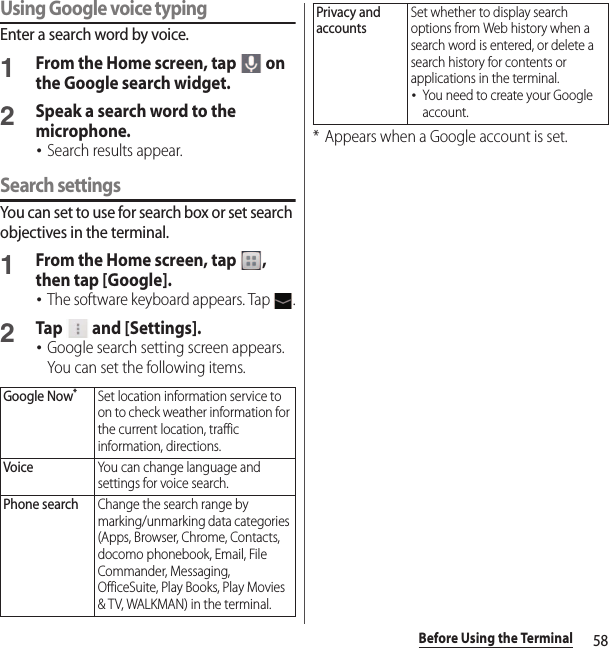 58Before Using the TerminalUsing Google voice typingEnter a search word by voice.1From the Home screen, tap   on the Google search widget.2Speak a search word to the microphone.･Search results appear.Search settingsYou can set to use for search box or set search objectives in the terminal.1From the Home screen, tap  , then tap [Google].･The software keyboard appears. Tap  .2Tap  and [Settings].･Google search setting screen appears. You can set the following items.* Appears when a Google account is set.Google Now*Set location information service to on to check weather information for the current location, traffic information, directions.VoiceYou can change language and settings for voice search.Phone searchChange the search range by marking/unmarking data categories (Apps, Browser, Chrome, Contacts, docomo phonebook, Email, File Commander, Messaging, OfficeSuite, Play Books, Play Movies &amp; TV, WALKMAN) in the terminal.Privacy and accountsSet whether to display search options from Web history when a search word is entered, or delete a search history for contents or applications in the terminal.･You need to create your Google account.