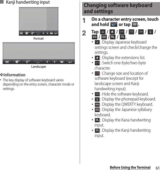 61Before Using the Terminal■ Kanji handwriting input❖Information･The key display of software keyboard varies depending on the entry screen, character mode or settings.1On a character entry screen, touch and hold   or tap  .2Tap   /   /   /   /   /   /  /   /  /  .･ : Display Japanese keyboard settings screen and check/change the settings.･ : Display the extensions list.･ : Switch one-byte/two-byte character.･ : Change size and location of software keyboard (except for landscape screen and Kanji handwriting input).･ : Hide the software keyboard.･ : Display the phonepad keyboard.･ : Display the QWERTY keyboard.･ : Display the Japanese syllabary keyboard.･ : Display the Kana handwriting input.･ : Display the Kanji handwriting input.PortraitLandscapeChanging software keyboard and settings