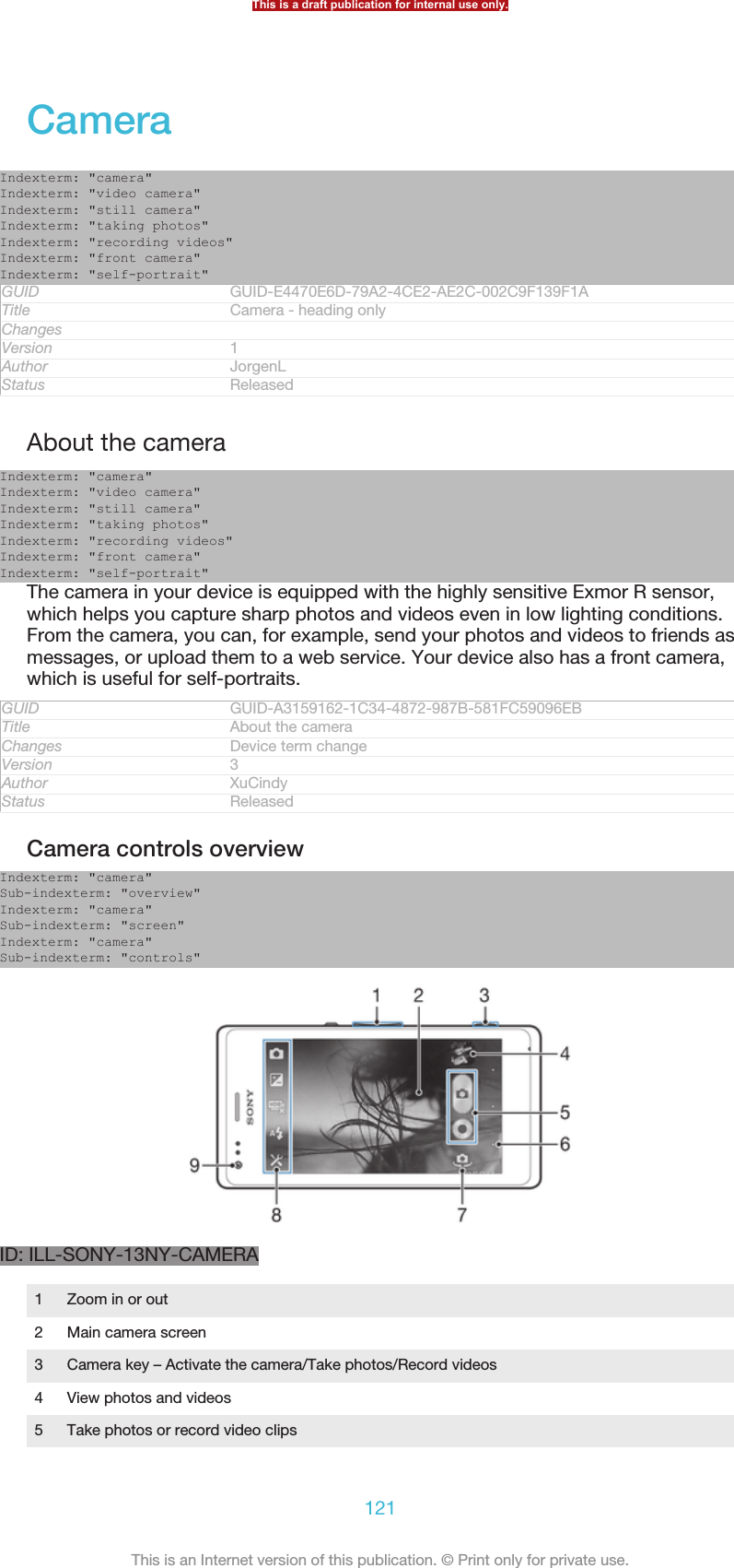 CameraIndexterm: &quot;camera&quot;Indexterm: &quot;video camera&quot;Indexterm: &quot;still camera&quot;Indexterm: &quot;taking photos&quot;Indexterm: &quot;recording videos&quot;Indexterm: &quot;front camera&quot;Indexterm: &quot;self-portrait&quot;GUID GUID-E4470E6D-79A2-4CE2-AE2C-002C9F139F1ATitle Camera - heading onlyChangesVersion 1Author JorgenLStatus ReleasedAbout the cameraIndexterm: &quot;camera&quot;Indexterm: &quot;video camera&quot;Indexterm: &quot;still camera&quot;Indexterm: &quot;taking photos&quot;Indexterm: &quot;recording videos&quot;Indexterm: &quot;front camera&quot;Indexterm: &quot;self-portrait&quot;The camera in your device is equipped with the highly sensitive Exmor R sensor,which helps you capture sharp photos and videos even in low lighting conditions.From the camera, you can, for example, send your photos and videos to friends asmessages, or upload them to a web service. Your device also has a front camera,which is useful for self-portraits.GUID GUID-A3159162-1C34-4872-987B-581FC59096EBTitle About the cameraChanges Device term changeVersion 3Author XuCindyStatus ReleasedCamera controls overviewIndexterm: &quot;camera&quot;Sub-indexterm: &quot;overview&quot;Indexterm: &quot;camera&quot;Sub-indexterm: &quot;screen&quot;Indexterm: &quot;camera&quot;Sub-indexterm: &quot;controls&quot;ID: ILL-SONY-13NY-CAMERA1Zoom in or out2 Main camera screen3 Camera key – Activate the camera/Take photos/Record videos4 View photos and videos5 Take photos or record video clipsThis is a draft publication for internal use only.121This is an Internet version of this publication. © Print only for private use.