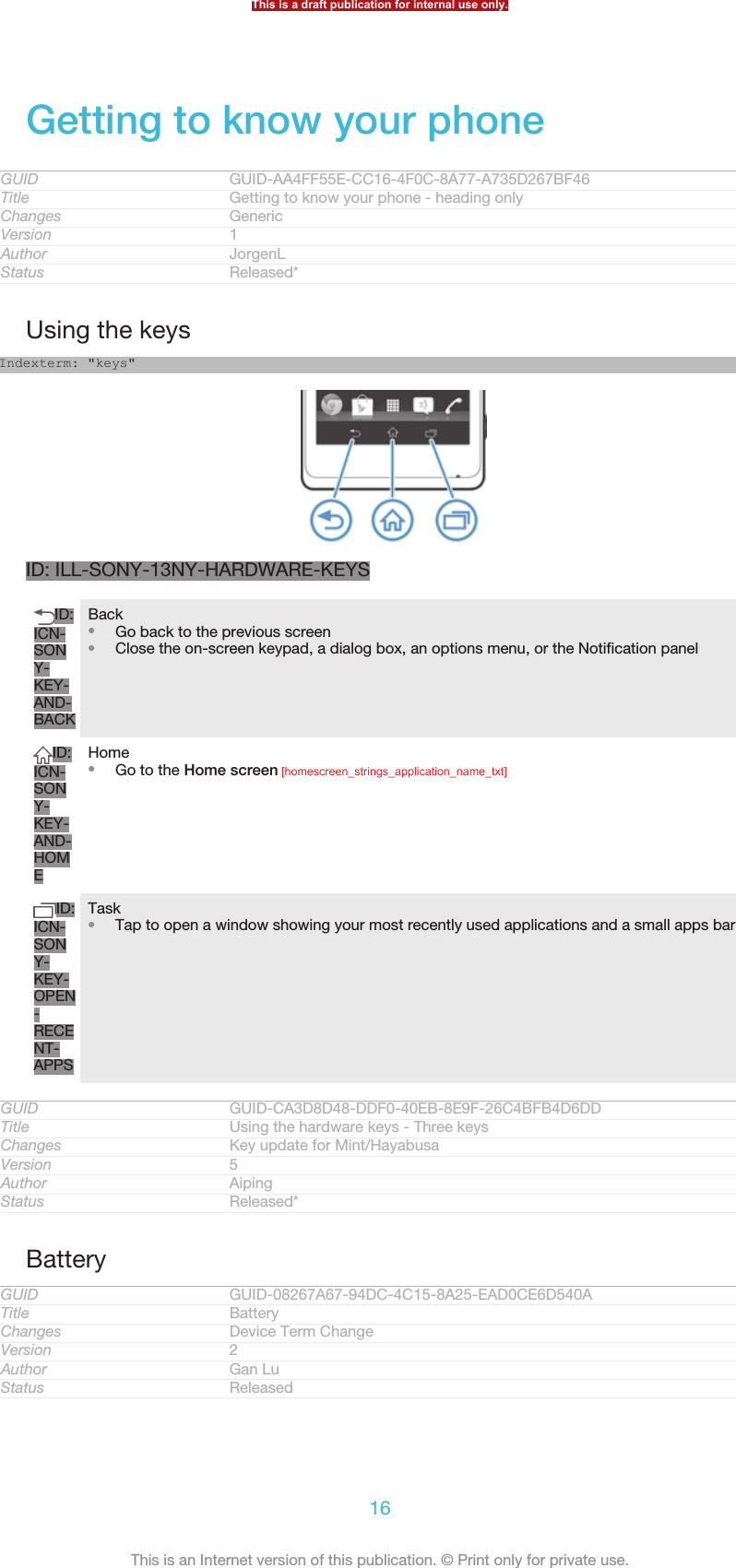 Getting to know your phoneGUID GUID-AA4FF55E-CC16-4F0C-8A77-A735D267BF46Title Getting to know your phone - heading onlyChanges GenericVersion 1Author JorgenLStatus Released*Using the keysIndexterm: &quot;keys&quot;ID: ILL-SONY-13NY-HARDWARE-KEYSID:ICN-SONY-KEY-AND-BACKBack•Go back to the previous screen•Close the on-screen keypad, a dialog box, an options menu, or the Notification panelID:ICN-SONY-KEY-AND-HOMEHome•Go to the Home screen [homescreen_strings_application_name_txt]ID:ICN-SONY-KEY-OPEN-RECENT-APPSTask•Tap to open a window showing your most recently used applications and a small apps barGUID GUID-CA3D8D48-DDF0-40EB-8E9F-26C4BFB4D6DDTitle Using the hardware keys - Three keysChanges Key update for Mint/HayabusaVersion 5Author AipingStatus Released*BatteryGUID GUID-08267A67-94DC-4C15-8A25-EAD0CE6D540ATitle BatteryChanges Device Term ChangeVersion 2Author Gan LuStatus ReleasedThis is a draft publication for internal use only.16This is an Internet version of this publication. © Print only for private use.