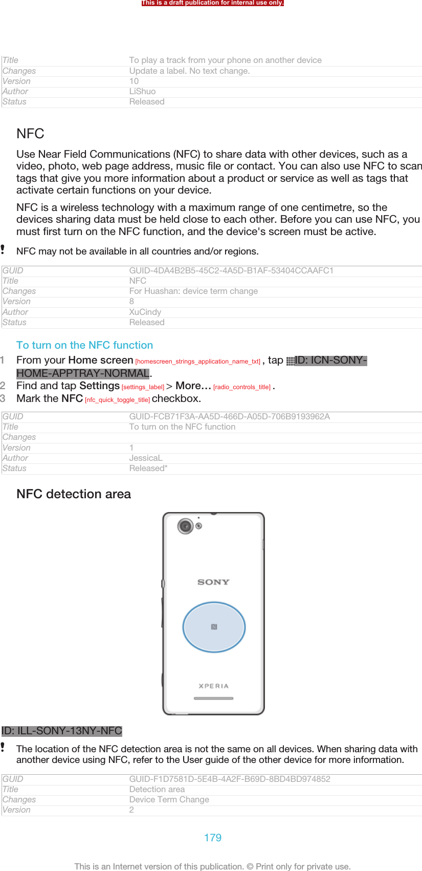 Title To play a track from your phone on another deviceChanges Update a label. No text change.Version 10Author LiShuoStatus ReleasedNFCUse Near Field Communications (NFC) to share data with other devices, such as avideo, photo, web page address, music file or contact. You can also use NFC to scantags that give you more information about a product or service as well as tags thatactivate certain functions on your device.NFC is a wireless technology with a maximum range of one centimetre, so thedevices sharing data must be held close to each other. Before you can use NFC, youmust first turn on the NFC function, and the device&apos;s screen must be active.NFC may not be available in all countries and/or regions.GUID GUID-4DA4B2B5-45C2-4A5D-B1AF-53404CCAAFC1Title NFCChanges For Huashan: device term changeVersion 8Author XuCindyStatus ReleasedTo turn on the NFC function1From your Home screen [homescreen_strings_application_name_txt] , tap  ID: ICN-SONY-HOME-APPTRAY-NORMAL.2Find and tap Settings [settings_label] &gt; More… [radio_controls_title] .3Mark the NFC [nfc_quick_toggle_title] checkbox.GUID GUID-FCB71F3A-AA5D-466D-A05D-706B9193962ATitle To turn on the NFC functionChangesVersion 1Author JessicaLStatus Released*NFC detection areaID: ILL-SONY-13NY-NFCThe location of the NFC detection area is not the same on all devices. When sharing data withanother device using NFC, refer to the User guide of the other device for more information.GUID GUID-F1D7581D-5E4B-4A2F-B69D-8BD4BD974852Title Detection areaChanges Device Term ChangeVersion 2This is a draft publication for internal use only.179This is an Internet version of this publication. © Print only for private use.