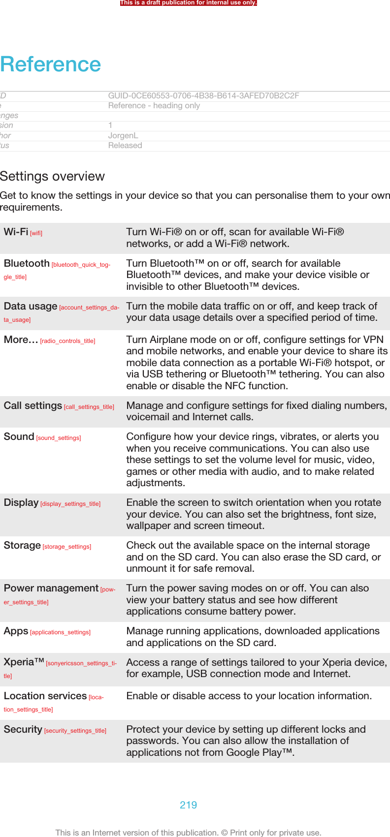 ReferenceGUID GUID-0CE60553-0706-4B38-B614-3AFED70B2C2FTitle Reference - heading onlyChangesVersion 1Author JorgenLStatus ReleasedSettings overviewGet to know the settings in your device so that you can personalise them to your ownrequirements.Wi-Fi [wifi] Turn Wi-Fi® on or off, scan for available Wi-Fi®networks, or add a Wi-Fi® network.Bluetooth [bluetooth_quick_tog-gle_title]Turn Bluetooth™ on or off, search for availableBluetooth™ devices, and make your device visible orinvisible to other Bluetooth™ devices.Data usage [account_settings_da-ta_usage]Turn the mobile data traffic on or off, and keep track ofyour data usage details over a specified period of time.More… [radio_controls_title] Turn Airplane mode on or off, configure settings for VPNand mobile networks, and enable your device to share itsmobile data connection as a portable Wi-Fi® hotspot, orvia USB tethering or Bluetooth™ tethering. You can alsoenable or disable the NFC function.Call settings [call_settings_title] Manage and configure settings for fixed dialing numbers,voicemail and Internet calls.Sound [sound_settings] Configure how your device rings, vibrates, or alerts youwhen you receive communications. You can also usethese settings to set the volume level for music, video,games or other media with audio, and to make relatedadjustments.Display [display_settings_title] Enable the screen to switch orientation when you rotateyour device. You can also set the brightness, font size,wallpaper and screen timeout.Storage [storage_settings] Check out the available space on the internal storageand on the SD card. You can also erase the SD card, orunmount it for safe removal.Power management [pow-er_settings_title]Turn the power saving modes on or off. You can alsoview your battery status and see how differentapplications consume battery power.Apps [applications_settings] Manage running applications, downloaded applicationsand applications on the SD card.Xperia™ [sonyericsson_settings_ti-tle]Access a range of settings tailored to your Xperia device,for example, USB connection mode and Internet.Location services [loca-tion_settings_title]Enable or disable access to your location information.Security [security_settings_title] Protect your device by setting up different locks andpasswords. You can also allow the installation ofapplications not from Google Play™.This is a draft publication for internal use only.219This is an Internet version of this publication. © Print only for private use.