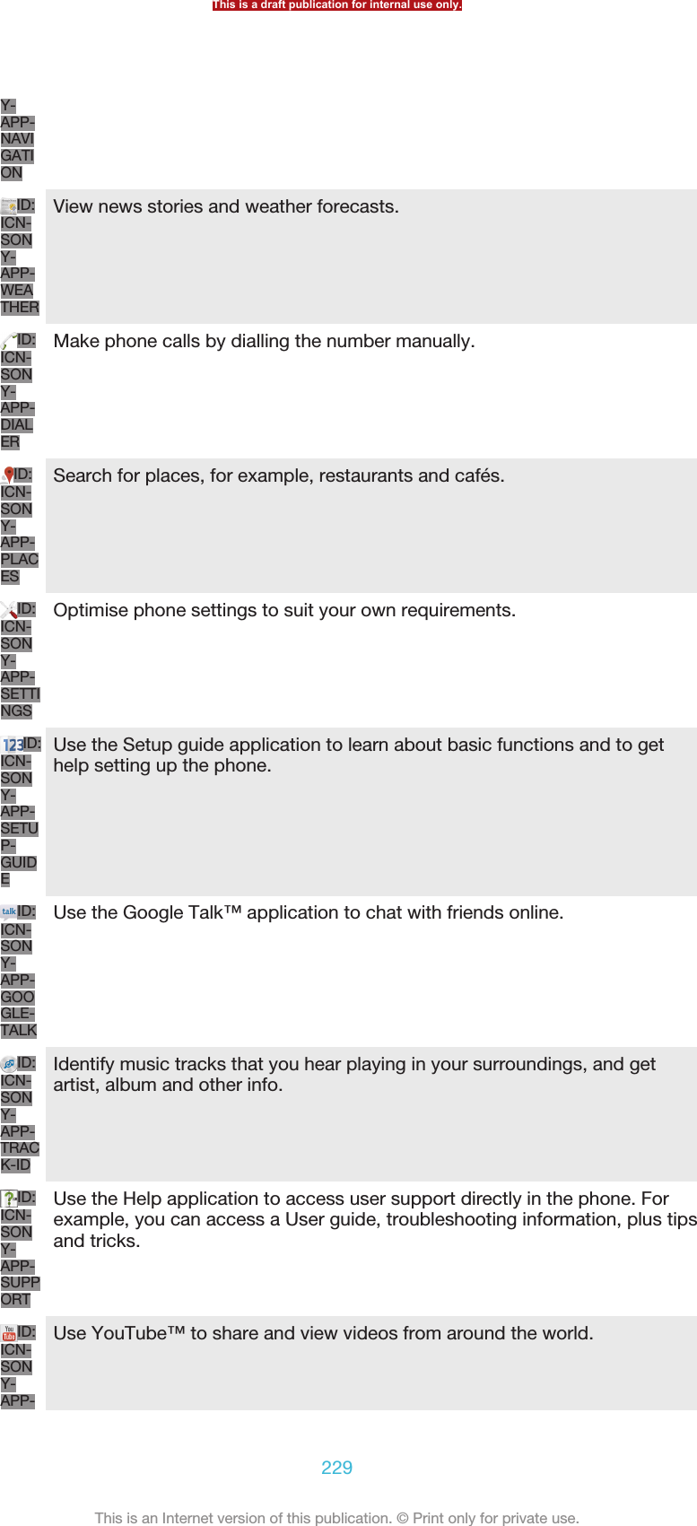 Y-APP-NAVIGATIONID:ICN-SONY-APP-WEATHERView news stories and weather forecasts.ID:ICN-SONY-APP-DIALERMake phone calls by dialling the number manually.ID:ICN-SONY-APP-PLACESSearch for places, for example, restaurants and cafés.ID:ICN-SONY-APP-SETTINGSOptimise phone settings to suit your own requirements.ID:ICN-SONY-APP-SETUP-GUIDEUse the Setup guide application to learn about basic functions and to gethelp setting up the phone.ID:ICN-SONY-APP-GOOGLE-TALKUse the Google Talk™ application to chat with friends online.ID:ICN-SONY-APP-TRACK-IDIdentify music tracks that you hear playing in your surroundings, and getartist, album and other info.ID:ICN-SONY-APP-SUPPORTUse the Help application to access user support directly in the phone. Forexample, you can access a User guide, troubleshooting information, plus tipsand tricks.ID:ICN-SONY-APP-Use YouTube™ to share and view videos from around the world.This is a draft publication for internal use only.229This is an Internet version of this publication. © Print only for private use.