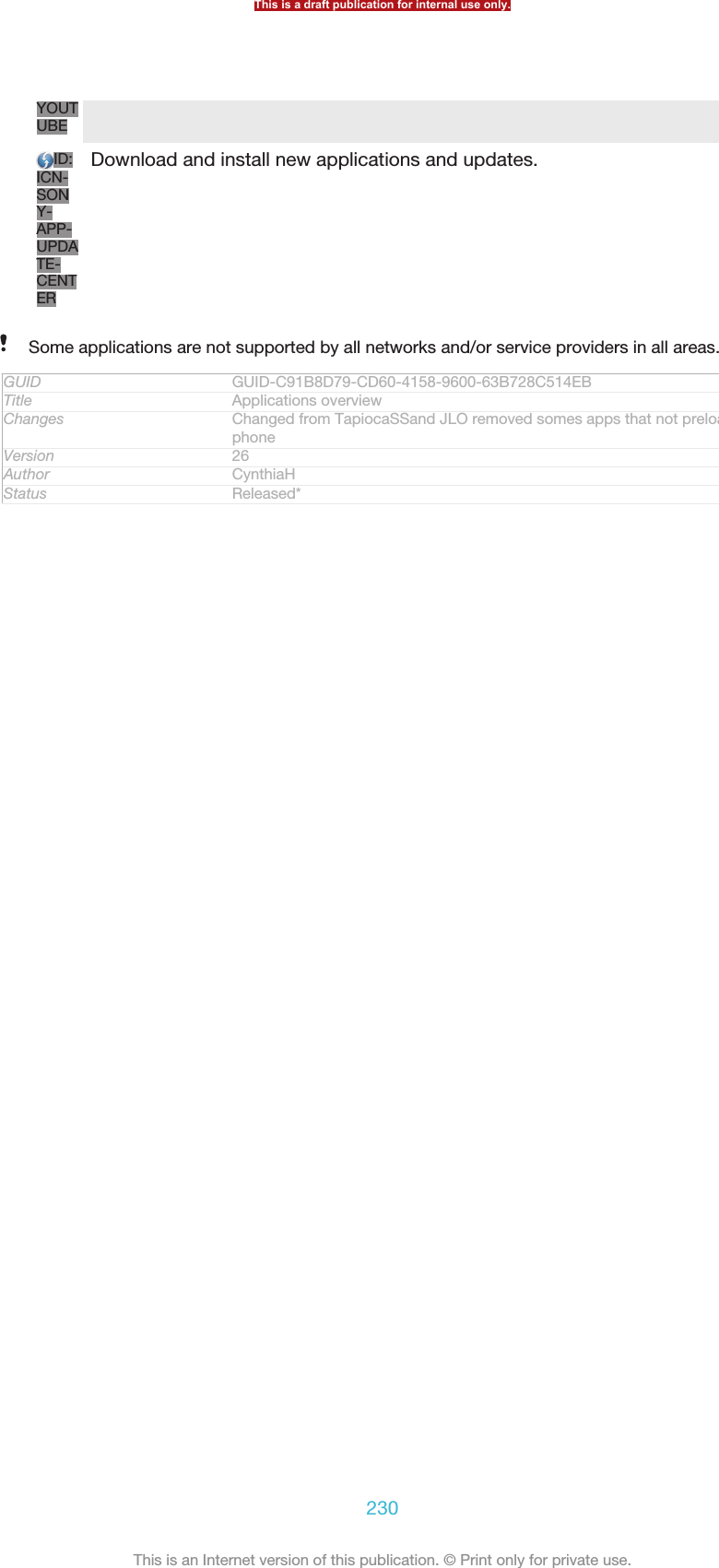 YOUTUBEID:ICN-SONY-APP-UPDATE-CENTERDownload and install new applications and updates.Some applications are not supported by all networks and/or service providers in all areas.GUID GUID-C91B8D79-CD60-4158-9600-63B728C514EBTitle Applications overviewChanges Changed from TapiocaSSand JLO removed somes apps that not preload inphoneVersion 26Author CynthiaHStatus Released*This is a draft publication for internal use only.230This is an Internet version of this publication. © Print only for private use.
