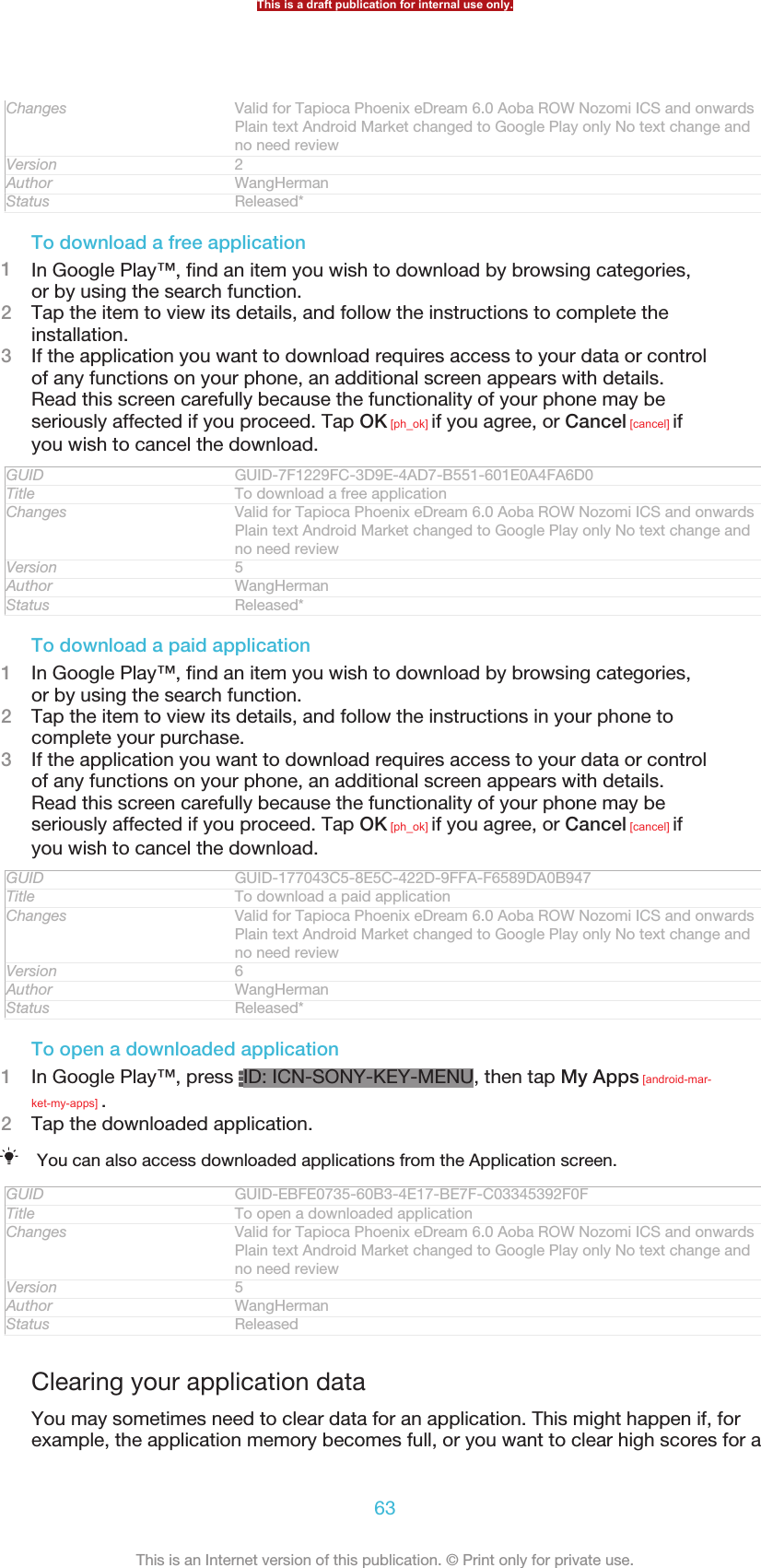 Changes Valid for Tapioca Phoenix eDream 6.0 Aoba ROW Nozomi ICS and onwardsPlain text Android Market changed to Google Play only No text change andno need reviewVersion 2Author WangHermanStatus Released*To download a free application1In Google Play™, find an item you wish to download by browsing categories,or by using the search function.2Tap the item to view its details, and follow the instructions to complete theinstallation.3If the application you want to download requires access to your data or controlof any functions on your phone, an additional screen appears with details.Read this screen carefully because the functionality of your phone may beseriously affected if you proceed. Tap OK [ph_ok] if you agree, or Cancel [cancel] ifyou wish to cancel the download.GUID GUID-7F1229FC-3D9E-4AD7-B551-601E0A4FA6D0Title To download a free applicationChanges Valid for Tapioca Phoenix eDream 6.0 Aoba ROW Nozomi ICS and onwardsPlain text Android Market changed to Google Play only No text change andno need reviewVersion 5Author WangHermanStatus Released*To download a paid application1In Google Play™, find an item you wish to download by browsing categories,or by using the search function.2Tap the item to view its details, and follow the instructions in your phone tocomplete your purchase.3If the application you want to download requires access to your data or controlof any functions on your phone, an additional screen appears with details.Read this screen carefully because the functionality of your phone may beseriously affected if you proceed. Tap OK [ph_ok] if you agree, or Cancel [cancel] ifyou wish to cancel the download.GUID GUID-177043C5-8E5C-422D-9FFA-F6589DA0B947Title To download a paid applicationChanges Valid for Tapioca Phoenix eDream 6.0 Aoba ROW Nozomi ICS and onwardsPlain text Android Market changed to Google Play only No text change andno need reviewVersion 6Author WangHermanStatus Released*To open a downloaded application1In Google Play™, press  ID: ICN-SONY-KEY-MENU, then tap My Apps [android-mar-ket-my-apps] .2Tap the downloaded application.You can also access downloaded applications from the Application screen.GUID GUID-EBFE0735-60B3-4E17-BE7F-C03345392F0FTitle To open a downloaded applicationChanges Valid for Tapioca Phoenix eDream 6.0 Aoba ROW Nozomi ICS and onwardsPlain text Android Market changed to Google Play only No text change andno need reviewVersion 5Author WangHermanStatus ReleasedClearing your application dataYou may sometimes need to clear data for an application. This might happen if, forexample, the application memory becomes full, or you want to clear high scores for aThis is a draft publication for internal use only.63This is an Internet version of this publication. © Print only for private use.
