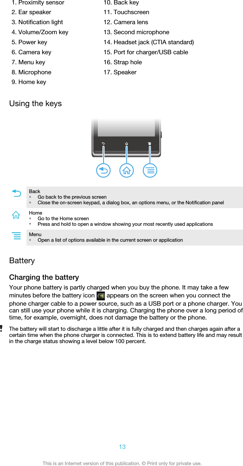 1. Proximity sensor2. Ear speaker3. Notification light4. Volume/Zoom key5. Power key6. Camera key7. Menu key8. Microphone9. Home key10. Back key11. Touchscreen12. Camera lens13. Second microphone14. Headset jack (CTIA standard)15. Port for charger/USB cable16. Strap hole17. SpeakerUsing the keysBack•Go back to the previous screen•Close the on-screen keypad, a dialog box, an options menu, or the Notification panelHome•Go to the Home screen•Press and hold to open a window showing your most recently used applicationsMenu•Open a list of options available in the current screen or applicationBatteryCharging the batteryYour phone battery is partly charged when you buy the phone. It may take a fewminutes before the battery icon   appears on the screen when you connect thephone charger cable to a power source, such as a USB port or a phone charger. Youcan still use your phone while it is charging. Charging the phone over a long period oftime, for example, overnight, does not damage the battery or the phone.The battery will start to discharge a little after it is fully charged and then charges again after acertain time when the phone charger is connected. This is to extend battery life and may resultin the charge status showing a level below 100 percent.13This is an Internet version of this publication. © Print only for private use.