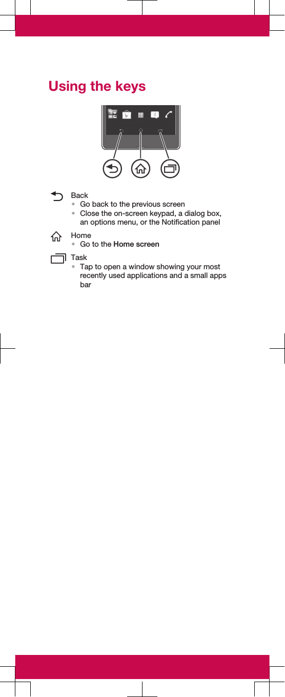 Using the keysBack•Go back to the previous screen•Close the on-screen keypad, a dialog box,an options menu, or the Notification panelHome•Go to the Home screenTask•Tap to open a window showing your mostrecently used applications and a small appsbar