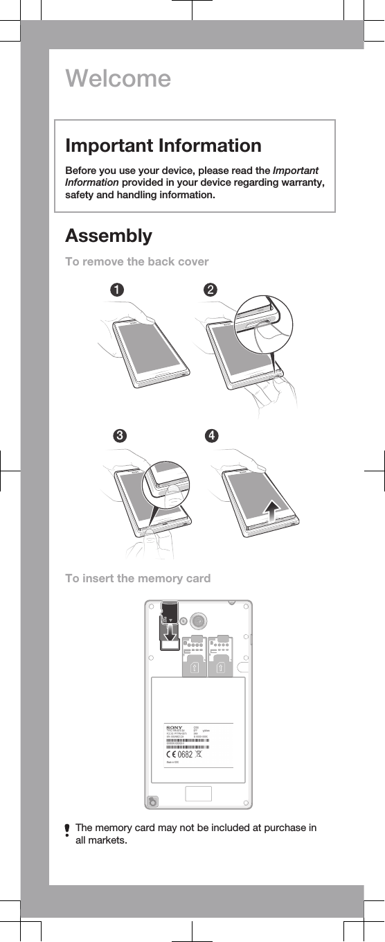 WelcomeImportant InformationBefore you use your device, please read the ImportantInformation provided in your device regarding warranty,safety and handling information.AssemblyTo remove the back cover3 4444444To insert the memory cardThe memory card may not be included at purchase inall markets.