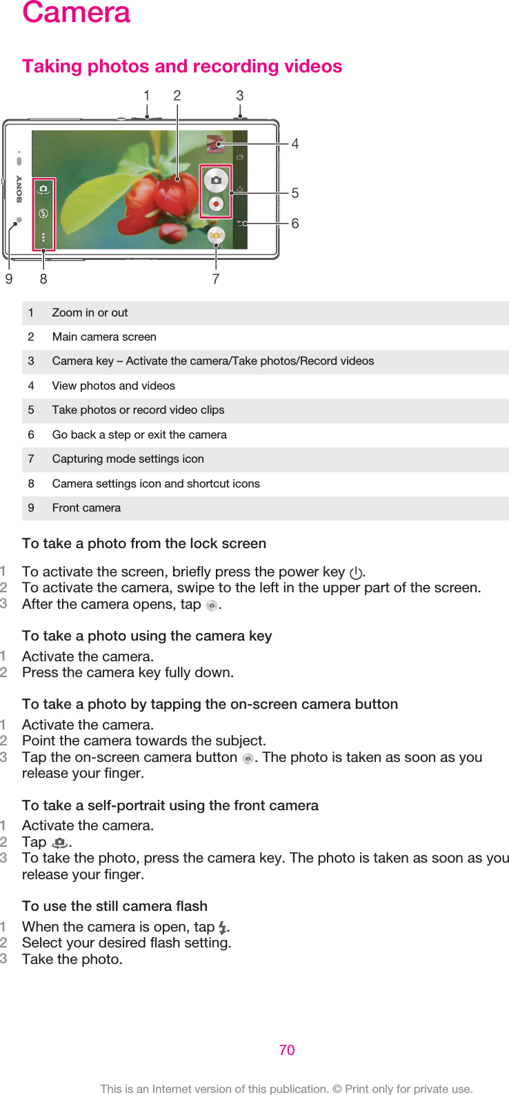 CameraTaking photos and recording videos1 Zoom in or out2 Main camera screen3 Camera key – Activate the camera/Take photos/Record videos4 View photos and videos5 Take photos or record video clips6 Go back a step or exit the camera7 Capturing mode settings icon8 Camera settings icon and shortcut icons9 Front cameraTo take a photo from the lock screen1To activate the screen, briefly press the power key  .2To activate the camera, swipe to the left in the upper part of the screen.3After the camera opens, tap  .To take a photo using the camera key1Activate the camera.2Press the camera key fully down.To take a photo by tapping the on-screen camera button1Activate the camera.2Point the camera towards the subject.3Tap the on-screen camera button  . The photo is taken as soon as yourelease your finger.To take a self-portrait using the front camera1Activate the camera.2Tap  .3To take the photo, press the camera key. The photo is taken as soon as yourelease your finger.To use the still camera flash1When the camera is open, tap  .2Select your desired flash setting.3Take the photo.70This is an Internet version of this publication. © Print only for private use.