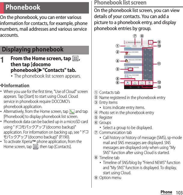 103PhoneOn the phonebook, you can enter various information for contacts, for example, phone numbers, mail addresses and various service accounts.1From the Home screen, tap  , then tap [docomo phonebook]u&quot;Contacts&quot; tab.･The phonebook list screen appears.❖Information･When you use for the first time, &quot;Use of Cloud&quot; screen appears. Tap [Start] to start using Cloud. Cloud service in phonebook require DOCOMO&apos;s phonebook application.･Alternatively, from the Home screen, tap   and tap [Phonebook] to display phonebook list screen.･Phonebook data can be backed up in a microSD card using &quot;ドコモバックアップ (docomo backup)&quot; application. For information on backing up, see &quot;ドコモバックアップ (docomo backup)&quot; (P.190).･To activate Xperia™ phone application, from the Home screen, tap  , then tap [Contacts].Phonebook list screenOn the phonebook list screen, you can view details of your contacts. You can add a picture to a phonebook entry, and display phonebook entries by group.aContacts tabbName registered in the phonebook entrycEntry items･Icons indicate entry items.dPhoto set in the phonebook entryeRegisterfGroups･Select a group to be displayed.gCommunication tab･Call history or history of message (SMS), sp-mode mail and SNS messages are displayed. SNS messages are displayed only when using &quot;My SNS&quot; function after using Cloud is started.hTimeline tab･Timeline of SNS/blog by &quot;Friend NEWS&quot; function and &quot;My SNS&quot; function is displayed. To display, start using Cloud.iOption menuPhonebookDisplaying phonebooklag hcdbfejikm