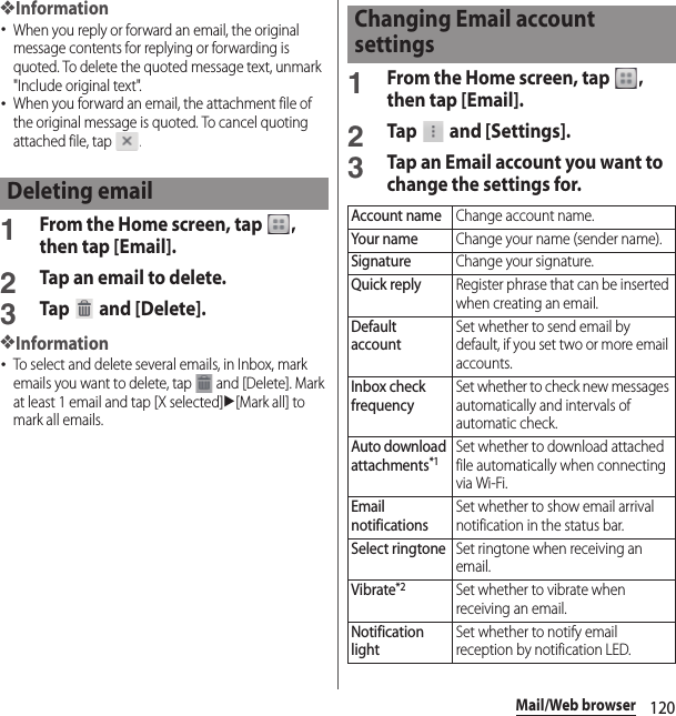 120Mail/Web browser❖Information･When you reply or forward an email, the original message contents for replying or forwarding is quoted. To delete the quoted message text, unmark &quot;Include original text&quot;.･When you forward an email, the attachment file of the original message is quoted. To cancel quoting attached file, tap  .1From the Home screen, tap  , then tap [Email].2Tap an email to delete.3Tap   and [Delete].❖Information･To select and delete several emails, in Inbox, mark emails you want to delete, tap   and [Delete]. Mark at least 1 email and tap [X selected]u[Mark all] to mark all emails.1From the Home screen, tap  , then tap [Email].2Tap   and [Settings].3Tap an Email account you want to change the settings for.Deleting emailChanging Email account settingsAccount nameChange account name.Your nameChange your name (sender name).SignatureChange your signature.Quick replyRegister phrase that can be inserted when creating an email.Default accountSet whether to send email by default, if you set two or more email accounts.Inbox check frequencySet whether to check new messages automatically and intervals of automatic check.Auto download attachments*1Set whether to download attached file automatically when connecting via Wi-Fi.Email notificationsSet whether to show email arrival notification in the status bar.Select ringtoneSet ringtone when receiving an email.Vibrate*2Set whether to vibrate when receiving an email.Notification lightSet whether to notify email reception by notification LED.