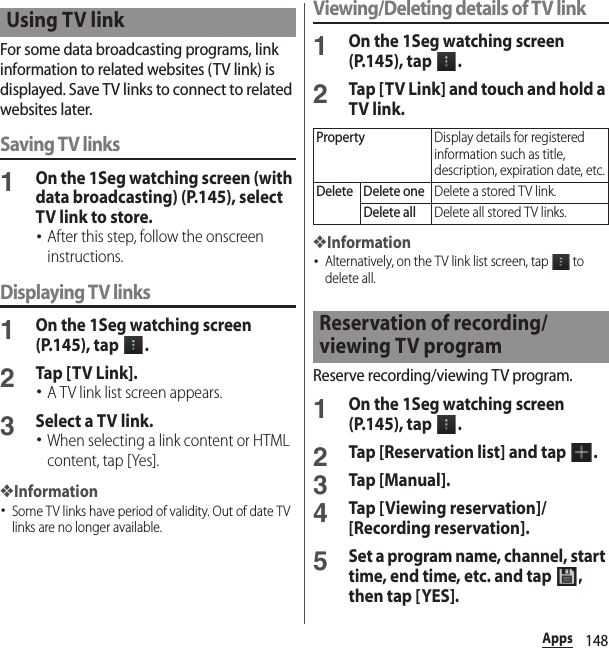 148AppsFor some data broadcasting programs, link information to related websites (TV link) is displayed. Save TV links to connect to related websites later.Saving TV links1On the 1Seg watching screen (with data broadcasting) (P.145), select TV link to store.･After this step, follow the onscreen instructions.Displaying TV links1On the 1Seg watching screen (P.145), tap  .2Tap [TV Link].･A TV link list screen appears.3Select a TV link.･When selecting a link content or HTML content, tap [Yes].❖Information･Some TV links have period of validity. Out of date TV links are no longer available.Viewing/Deleting details of TV link1On the 1Seg watching screen (P.145), tap  .2Tap [TV Link] and touch and hold a TV link.❖Information･Alternatively, on the TV link list screen, tap   to delete all.Reserve recording/viewing TV program.1On the 1Seg watching screen (P.145), tap  .2Tap [Reservation list] and tap  .3Tap [Manual].4Tap [Viewing reservation]/[Recording reservation].5Set a program name, channel, start time, end time, etc. and tap  , then tap [YES].Using TV linkPropertyDisplay details for registered information such as title, description, expiration date, etc.Delete Delete oneDelete a stored TV link.Delete allDelete all stored TV links.Reservation of recording/viewing TV program