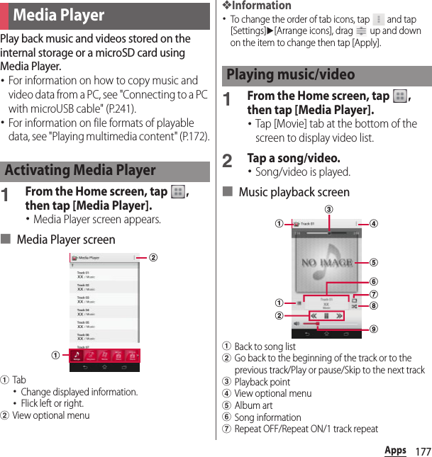 177AppsPlay back music and videos stored on the internal storage or a microSD card using Media Player.･For information on how to copy music and video data from a PC, see &quot;Connecting to a PC with microUSB cable&quot; (P.241).･For information on file formats of playable data, see &quot;Playing multimedia content&quot; (P.172).1From the Home screen, tap  , then tap [Media Player].･Media Player screen appears.■ Media Player screenaTab･Change displayed information.･Flick left or right.bView optional menu❖Information･To change the order of tab icons, tap   and tap [Settings]u[Arrange icons], drag   up and down on the item to change then tap [Apply].1From the Home screen, tap  , then tap [Media Player].･Tap [Movie] tab at the bottom of the screen to display video list.2Tap a song/video.･Song/video is played.■ Music playback screenaBack to song listbGo back to the beginning of the track or to the previous track/Play or pause/Skip to the next trackcPlayback pointdView optional menueAlbum artfSong informationgRepeat OFF/Repeat ON/1 track repeatMedia PlayerActivating Media PlayerabPlaying music/videoaacgefdibh