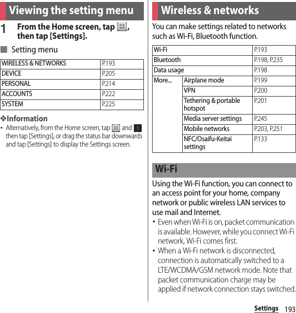 193SettingsSettings1From the Home screen, tap  , then tap [Settings].■ Setting menu❖Information･Alternatively, from the Home screen, tap   and   then tap [Settings], or drag the status bar downwards and tap [Settings] to display the Settings screen.You can make settings related to networks such as Wi-Fi, Bluetooth function.Using the Wi-Fi function, you can connect to an access point for your home, company network or public wireless LAN services to use mail and Internet.･Even when Wi-Fi is on, packet communication is available. However, while you connect Wi-Fi network, Wi-Fi comes first.･When a Wi-Fi network is disconnected, connection is automatically switched to a LTE/WCDMA/GSM network mode. Note that packet communication charge may be applied if network connection stays switched.Viewing the setting menuWIRELESS &amp; NETWORKSP. 1 9 3DEVICEP. 2 0 5PERSONALP. 2 1 4ACCOUNTSP. 2 2 2SYSTEMP. 2 2 5Wireless &amp; networksWi-FiP. 1 9 3BluetoothP.198, P.235Data usageP. 1 9 8More... Airplane modeP. 1 9 9VPNP. 2 0 0Tethering &amp; portable hotspotP. 2 0 1Media server settingsP. 2 4 5Mobile networksP.203, P.251NFC/Osaifu-Keitai settingsP. 1 3 3Wi-Fi