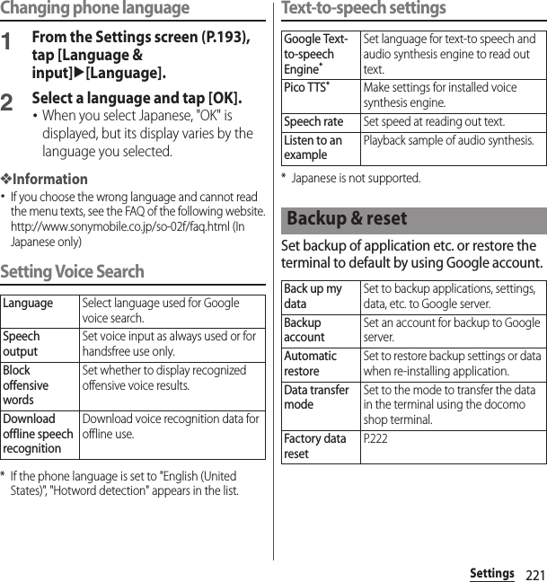 221SettingsChanging phone language1From the Settings screen (P.193), tap [Language &amp; input]u[Language].2Select a language and tap [OK].･When you select Japanese, &quot;OK&quot; is displayed, but its display varies by the language you selected.❖Information･If you choose the wrong language and cannot read the menu texts, see the FAQ of the following website.http://www.sonymobile.co.jp/so-02f/faq.html (In Japanese only)  Setting Voice Search* If the phone language is set to &quot;English (United States)&quot;, &quot;Hotword detection&quot; appears in the list.Text-to-speech settings* Japanese is not supported.Set backup of application etc. or restore the terminal to default by using Google account.LanguageSelect language used for Google voice search.Speech outputSet voice input as always used or for handsfree use only.Block offensive wordsSet whether to display recognized offensive voice results.Download offline speech recognitionDownload voice recognition data for offline use.Google Text-to-speech Engine*Set language for text-to speech and audio synthesis engine to read out text.Pico TTS*Make settings for installed voice synthesis engine.Speech rateSet speed at reading out text.Listen to an examplePlayback sample of audio synthesis.Backup &amp; resetBack up my dataSet to backup applications, settings, data, etc. to Google server.Backup accountSet an account for backup to Google server.Automatic restoreSet to restore backup settings or data when re-installing application.Data transfer modeSet to the mode to transfer the data in the terminal using the docomo shop terminal.Factory data resetP. 2 2 2