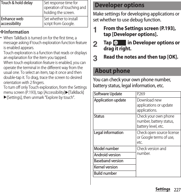227Settings❖Information･When TalkBack is turned on for the first time, a message asking if touch exploration function feature is enabled appears.Touch exploration is a function that reads or displays an explanation for the item you tapped.When touch exploration feature is enabled, you can operate the terminal in the different way from the usual one. To select an item, tap it once and then double-tap it. To drag, trace the screen to desired orientation with 2 fingers.To turn off only Touch exploration, from the Settings menu screen (P.193), tap [Accessibility]u[TalkBack]u[Settings], then unmark &quot;Explore by touch&quot;.Make settings for developing applications or set whether to use debug function.1From the Settings screen (P.193), tap [Developer options].2Tap   in Developer options or drag it right.3Read the notes and then tap [OK].You can check your own phone number, battery status, legal information, etc.Touch &amp; hold delaySet response time for operation of touching and holding the screen.Enhance web accessibilitySet whether to install script from Google.Developer optionsAbout phoneSoftware UpdateP. 2 6 9Application updateDownload new applications or update applications.StatusCheck your own phone number, battery status, battery level, etc.Legal informationCheck open source license or Google terms of use, etc.Model numberCheck version and number.Android versionBaseband versionKernel versionBuild number
