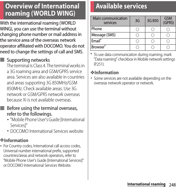 248International roamingInternational roamingWith the international roaming (WORLD WING), you can use the terminal without changing phone number or mail address in the service area of the overseas network operator affiliated with DOCOMO. You do not need to change the settings of call and SMS.■ Supporting networksThe terminal is Class 4. The terminal works in a 3G roaming area and GSM/GPRS service area. Services are also available in countries and areas supporting 3G 850MHz/GSM 850MHz. Check available areas. Use 3G network or GSM/GPRS network overseas because Xi is not available overseas.■ Before using the terminal overseas, refer to the followings.･&quot;Mobile Phone User&apos;s Guide [International Services]&quot;･DOCOMO International Services website❖Information･For Country codes, International call access codes, Universal number international prefix, supported countries/areas and network operators, refer to &quot;Mobile Phone User&apos;s Guide [International Services]&quot; or DOCOMO International Services Website.* To use data communication during roaming, mark &quot;Data roaming&quot; checkbox in Mobile network settings (P.251).❖Information･Some services are not available depending on the overseas network operator or network.Overview of International roaming (WORLD WING)Available servicesMain communication services 3G 3G 850 GSM (GPRS)Phone○○○Message (SMS)○○○Email*○○○Browser*○○○