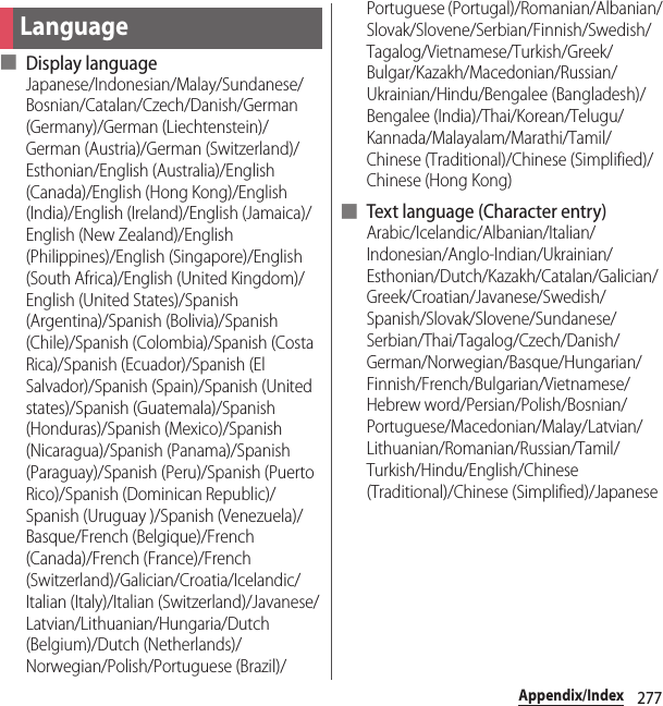 277Appendix/Index■ Display languageJapanese/Indonesian/Malay/Sundanese/Bosnian/Catalan/Czech/Danish/German (Germany)/German (Liechtenstein)/German (Austria)/German (Switzerland)/Esthonian/English (Australia)/English (Canada)/English (Hong Kong)/English (India)/English (Ireland)/English (Jamaica)/English (New Zealand)/English (Philippines)/English (Singapore)/English (South Africa)/English (United Kingdom)/English (United States)/Spanish (Argentina)/Spanish (Bolivia)/Spanish (Chile)/Spanish (Colombia)/Spanish (Costa Rica)/Spanish (Ecuador)/Spanish (El Salvador)/Spanish (Spain)/Spanish (United states)/Spanish (Guatemala)/Spanish (Honduras)/Spanish (Mexico)/Spanish (Nicaragua)/Spanish (Panama)/Spanish (Paraguay)/Spanish (Peru)/Spanish (Puerto Rico)/Spanish (Dominican Republic)/Spanish (Uruguay )/Spanish (Venezuela)/Basque/French (Belgique)/French (Canada)/French (France)/French (Switzerland)/Galician/Croatia/Icelandic/Italian (Italy)/Italian (Switzerland)/Javanese/Latvian/Lithuanian/Hungaria/Dutch (Belgium)/Dutch (Netherlands)/Norwegian/Polish/Portuguese (Brazil)/Portuguese (Portugal)/Romanian/Albanian/Slovak/Slovene/Serbian/Finnish/Swedish/Tagalog/Vietnamese/Turkish/Greek/Bulgar/Kazakh/Macedonian/Russian/Ukrainian/Hindu/Bengalee (Bangladesh)/Bengalee (India)/Thai/Korean/Telugu/Kannada/Malayalam/Marathi/Tamil/Chinese (Traditional)/Chinese (Simplified)/Chinese (Hong Kong)■ Text language (Character entry)Arabic/Icelandic/Albanian/Italian/Indonesian/Anglo-Indian/Ukrainian/Esthonian/Dutch/Kazakh/Catalan/Galician/Greek/Croatian/Javanese/Swedish/Spanish/Slovak/Slovene/Sundanese/Serbian/Thai/Tagalog/Czech/Danish/German/Norwegian/Basque/Hungarian/Finnish/French/Bulgarian/Vietnamese/Hebrew word/Persian/Polish/Bosnian/Portuguese/Macedonian/Malay/Latvian/Lithuanian/Romanian/Russian/Tamil/Turkish/Hindu/English/Chinese (Traditional)/Chinese (Simplified)/JapaneseLanguage