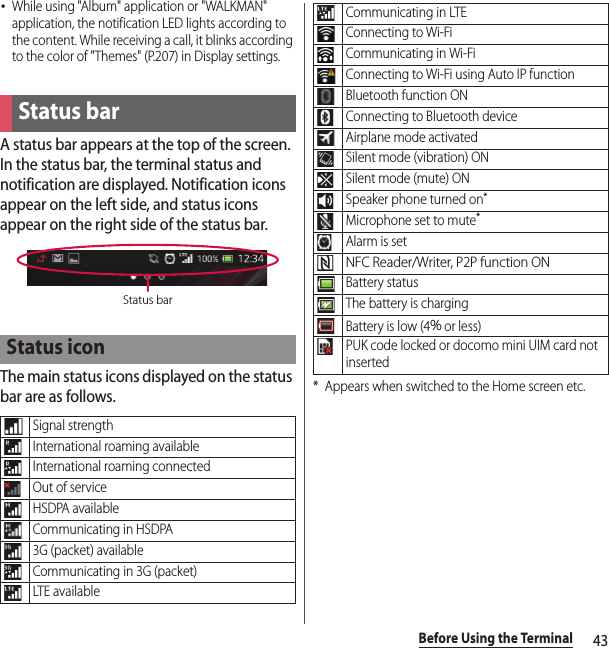 43Before Using the Terminal･While using &quot;Album&quot; application or &quot;WALKMAN&quot; application, the notification LED lights according to the content. While receiving a call, it blinks according to the color of &quot;Themes&quot; (P.207) in Display settings.A status bar appears at the top of the screen. In the status bar, the terminal status and notification are displayed. Notification icons appear on the left side, and status icons appear on the right side of the status bar.The main status icons displayed on the status bar are as follows.* Appears when switched to the Home screen etc.Status barStatus iconSignal strengthInternational roaming availableInternational roaming connectedOut of serviceHSDPA availableCommunicating in HSDPA3G (packet) availableCommunicating in 3G (packet)LTE availableStatus barCommunicating in LTEConnecting to Wi-FiCommunicating in Wi-FiConnecting to Wi-Fi using Auto IP functionBluetooth function ONConnecting to Bluetooth deviceAirplane mode activatedSilent mode (vibration) ONSilent mode (mute) ONSpeaker phone turned on*Microphone set to mute*Alarm is setNFC Reader/Writer, P2P function ONBattery statusThe battery is chargingBattery is low (4％ or less)PUK code locked or docomo mini UIM card not inserted