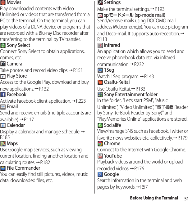 51Before Using the Terminal MoviesPlay downloaded contents with Video Unlimited or videos that are transferred from a PC to the terminal. On the terminal, you can play videos of a DLNA device or programs that are recorded with a Blu-ray Disc recorder after transferring to the terminal by TV transfer. Sony SelectConnect Sony Select to obtain applications, games, etc. CameraTake photos and record video clips.→P. 1 5 1 Play StoreAccess to the Google Play, download and buy new applications.→P. 1 3 2 FacebookActivate Facebook client application.→P.223 EmailSend and receive emails (multiple accounts are available).→P. 1 1 7 CalendarDisplay a calendar and manage schedule.→P. 1 8 5 MapsUse Google map services, such as viewing current location, finding another location and calculating routes.→P. 1 8 2 File CommanderYou can easily find still pictures, videos, music data, downloaded files, etc. SettingsMake the terminal settings.→P.193 spモードメール (sp-mode mail)Send/receive mails using DOCOMO mail address (@docomo.ne.jp). You can use pictogram and Deco-mail. It supports auto-reception.→P. 1 1 3 InfraredAn application which allows you to send and receive phonebook data etc. via infrared communication.→P. 2 3 2 1SegWatch 1Seg program.→P.143 Osaifu-KeitaiUse Osaifu-Keitai.→P.133 Sony Entertainment folderIn the folder, &quot;Let&apos;s start PSM&quot;, &quot;Music Unlimited&quot;, &quot;Video Unlimited&quot;, &quot;電子書籍 Reader by Sony  (e-Book Reader by Sony)&quot; and &quot;PlayMemories Online&quot; applications are stored. SocialifeView/manage SNS such as Facebook, Twitter or favorite news websites etc. collectively.→P. 1 7 9 ChromeConnect to the Internet with Google Chrome. YouTubePlayback videos around the world or upload recorded videos.→P.176 GoogleSearch information in the terminal and web pages by keywords.→P. 5 7