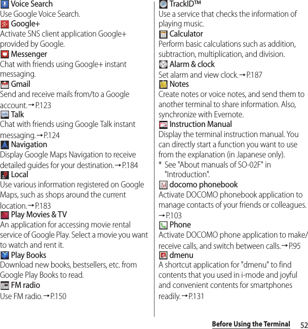 52Before Using the Terminal Voice SearchUse Google Voice Search. Google+Activate SNS client application Google+ provided by Google. MessengerChat with friends using Google+ instant messaging. GmailSend and receive mails from/to a Google account.→P.123 TalkChat with friends using Google Talk instant messaging.→P. 1 2 4 NavigationDisplay Google Maps Navigation to receive detailed guides for your destination.→P. 1 8 4 LocalUse various information registered on Google Maps, such as shops around the current location.→P.183 Play Movies &amp; TVAn application for accessing movie rental service of Google Play. Select a movie you want to watch and rent it. Play BooksDownload new books, bestsellers, etc. from Google Play Books to read. FM radioUse FM radio.→P.150 TrackID™Use a service that checks the information of playing music. CalculatorPerform basic calculations such as addition, subtraction, multiplication, and division. Alarm &amp; clockSet alarm and view clock.→P. 1 8 7 NotesCreate notes or voice notes, and send them to another terminal to share information. Also, synchronize with Evernote. Instruction ManualDisplay the terminal instruction manual. You can directly start a function you want to use from the explanation (in Japanese only).* See &quot;About manuals of SO-02F&quot; in &quot;Introduction&quot;. docomo phonebookActivate DOCOMO phonebook application to manage contacts of your friends or colleagues.→P. 1 0 3 PhoneActivate DOCOMO phone application to make/receive calls, and switch between calls.→P. 9 5 dmenuA shortcut application for &quot;dmenu&quot; to find contents that you used in i-mode and joyful and convenient contents for smartphones readily.→P.131