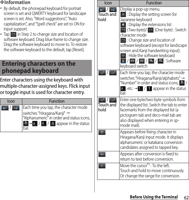 62Before Using the Terminal❖Information･By default, the phonepad keyboard for portrait screen is set and QWERTY keyboard for landscape screen is set. Also, &quot;Word suggestions&quot;, &quot;Auto capitalization&quot;, and &quot;Spell check&quot; are set to ON for input support.･Tap   in Step 2 to change size and location of software keyboard. Drag blue frame to change size. Drag the software keyboard to move to. To restore the software keyboard to the default, tap [Reset].Enter characters using the keyboard with multiple-character-assigned keys. Flick input or toggle input is used for character entry.Entering characters on the phonepad keyboardIcon Function / Each time you tap, the character mode switches &quot;Hiragana/Kanji&quot; → &quot;Alphanumeric&quot; in order and status icons, → /   /   appear in the status bar. / Touch and holdDisplay a pop-up menu. : Display the setting screen for Japanese keyboard : Display the extensions list (Two-byte)/   (One-byte) : Switch character mode : Change size and location of software keyboard (except for landscape screen and Kanji handwriting input). : Hide the software keyboard /  /  /  /  : Software keyboard switch / Each time you tap, the character mode switches &quot;Hiragana/Kanji/alphabets&quot; → &quot;Number&quot; in order and status icons,   / , etc. → /   appear in the status bar. / Touch and holdEnter one-byte/two-byte symbols from the displayed list. Switch the tab to enter facemarks from the displayed list (a pictogram tab and deco-mail tab are also displayed when entering in sp-mode mail).Appears before fixing character in Hiragana/Kanji input mode. It displays alphanumeric or katakana conversion candidates assigned to tapped key.Appears after conversion is fixed to return to text before conversion.Move the cursor*1 : To the left.Touch and hold to move continuously. Or change the range for conversion.Icon Function