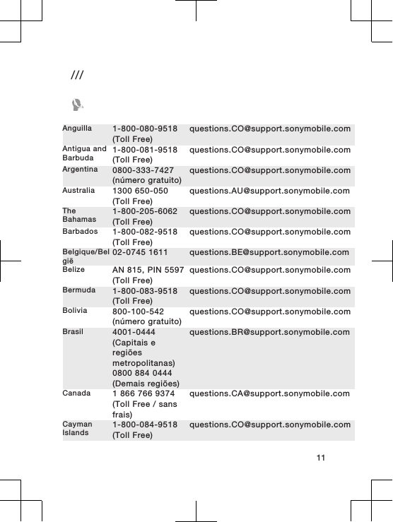 ///Anguilla 1-800-080-9518(Toll Free)questions.CO@support.sonymobile.comAntigua andBarbuda 1-800-081-9518(Toll Free)questions.CO@support.sonymobile.comArgentina 0800-333-7427(número gratuito)questions.CO@support.sonymobile.comAustralia 1300 650-050(Toll Free)questions.AU@support.sonymobile.comTheBahamas 1-800-205-6062(Toll Free)questions.CO@support.sonymobile.comBarbados 1-800-082-9518(Toll Free)questions.CO@support.sonymobile.comBelgique/België 02-0745 1611 questions.BE@support.sonymobile.comBelize AN 815, PIN 5597(Toll Free)questions.CO@support.sonymobile.comBermuda 1-800-083-9518(Toll Free)questions.CO@support.sonymobile.comBolivia 800-100-542(número gratuito)questions.CO@support.sonymobile.comBrasil 4001-0444(Capitais eregiõesmetropolitanas)0800 884 0444(Demais regiões)questions.BR@support.sonymobile.comCanada 1 866 766 9374(Toll Free / sansfrais)questions.CA@support.sonymobile.comCaymanIslands 1-800-084-9518(Toll Free)questions.CO@support.sonymobile.com11