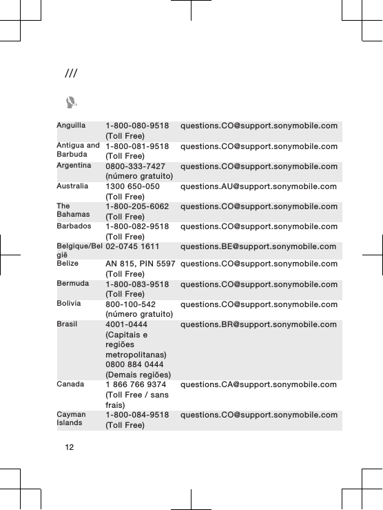 ///Anguilla 1-800-080-9518(Toll Free)questions.CO@support.sonymobile.comAntigua andBarbuda 1-800-081-9518(Toll Free)questions.CO@support.sonymobile.comArgentina 0800-333-7427(número gratuito)questions.CO@support.sonymobile.comAustralia 1300 650-050(Toll Free)questions.AU@support.sonymobile.comTheBahamas 1-800-205-6062(Toll Free)questions.CO@support.sonymobile.comBarbados 1-800-082-9518(Toll Free)questions.CO@support.sonymobile.comBelgique/België 02-0745 1611 questions.BE@support.sonymobile.comBelize AN 815, PIN 5597(Toll Free)questions.CO@support.sonymobile.comBermuda 1-800-083-9518(Toll Free)questions.CO@support.sonymobile.comBolivia 800-100-542(número gratuito)questions.CO@support.sonymobile.comBrasil 4001-0444(Capitais eregiõesmetropolitanas)0800 884 0444(Demais regiões)questions.BR@support.sonymobile.comCanada 1 866 766 9374(Toll Free / sansfrais)questions.CA@support.sonymobile.comCaymanIslands 1-800-084-9518(Toll Free)questions.CO@support.sonymobile.com12