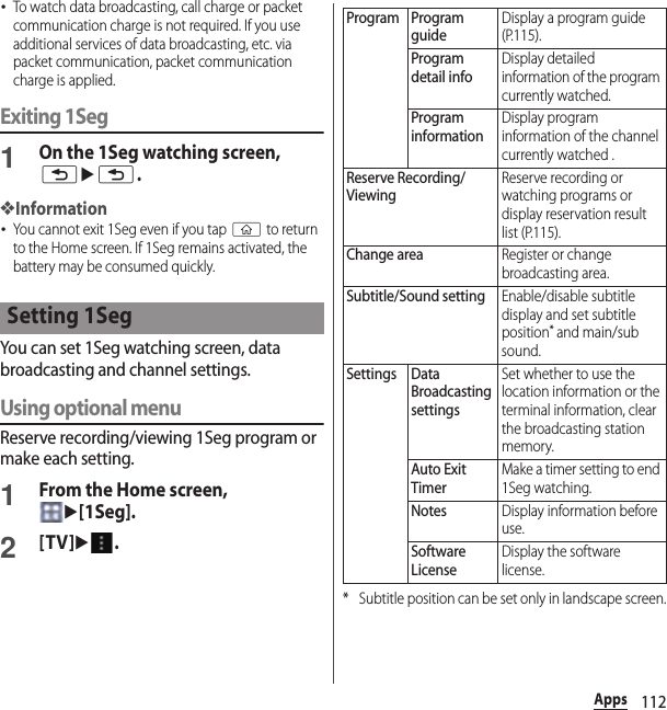 112Apps･To watch data broadcasting, call charge or packet communication charge is not required. If you use additional services of data broadcasting, etc. via packet communication, packet communication charge is applied.Exiting 1Seg1On the 1Seg watching screen, xux.❖Information･You cannot exit 1Seg even if you tap y to return to the Home screen. If 1Seg remains activated, the battery may be consumed quickly.You can set 1Seg watching screen, data broadcasting and channel settings.Using optional menuReserve recording/viewing 1Seg program or make each setting.1From the Home screen, u[1Seg].2[TV]u.* Subtitle position can be set only in landscape screen.Setting 1SegProgram Program guideDisplay a program guide (P.115).Program detail infoDisplay detailed information of the program currently watched.Program informationDisplay program information of the channel currently watched .Reserve Recording/ViewingReserve recording or watching programs or display reservation result list (P.115).Change areaRegister or change broadcasting area.Subtitle/Sound settingEnable/disable subtitle display and set subtitle position* and main/sub sound.Settings Data Broadcasting settingsSet whether to use the location information or the terminal information, clear the broadcasting station memory.Auto Exit TimerMake a timer setting to end 1Seg watching.NotesDisplay information before use.Software LicenseDisplay the software license.