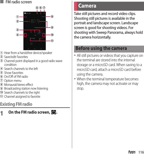 116Apps■ FM radio screenaHear from a handsfree device/speakerbSave/edit FavoritescChannel point displayed in a good radio wave conditiondSearch channels to the lefteShow FavoritesfOn/Off of FM radiogOption menuhMonaural/stereo effect iBroadcasting station now listeningjSearch channels to the rightkChannel assigned to favoriteExisting FM radio1On the FM radio screen,  .Take still pictures and record video clips. Shooting still pictures is available in the portrait and landscape screen. Landscape screen is good for shooting videos. For shooting with Sweep Panorama, always hold the camera horizontally.･All still pictures or videos that you capture on the terminal are stored into the internal storage or a microSD card. When saving to a microSD card, attach a microSD card before using the camera.･When the terminal temperature becomes high, the camera may not activate or may stop.cihjkadbfgeCameraBefore using the camera