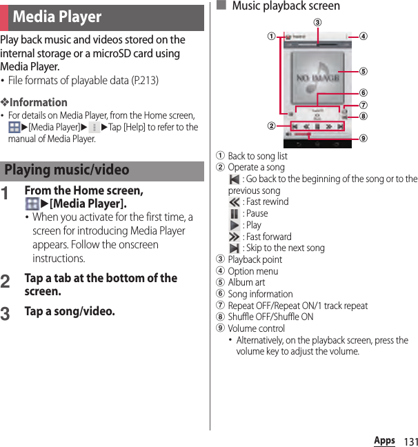 131AppsPlay back music and videos stored on the internal storage or a microSD card using Media Player.･File formats of playable data (P.213)❖Information･For details on Media Player, from the Home screen, u[Media Player]uuTap [Help] to refer to the manual of Media Player.1From the Home screen, u[Media Player].･When you activate for the first time, a screen for introducing Media Player appears. Follow the onscreen instructions.2Tap a tab at the bottom of the screen.3Tap a song/video.■ Music playback screenaBack to song listbOperate a song : Go back to the beginning of the song or to the previous song : Fast rewind : Pause : Play : Fast forward : Skip to the next songcPlayback pointdOption menueAlbum artfSong informationgRepeat OFF/Repeat ON/1 track repeathShuffle OFF/Shuffle ONiVolume control･Alternatively, on the playback screen, press the volume key to adjust the volume.Media PlayerPlaying music/videoacgefdibh