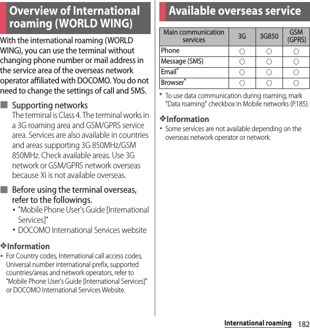 182International roamingInternation al roamingWith the international roaming (WORLD WING), you can use the terminal without changing phone number or mail address in the service area of the overseas network operator affiliated with DOCOMO. You do not need to change the settings of call and SMS.■ Supporting networksThe terminal is Class 4. The terminal works in a 3G roaming area and GSM/GPRS service area. Services are also available in countries and areas supporting 3G 850MHz/GSM 850MHz. Check available areas. Use 3G network or GSM/GPRS network overseas because Xi is not available overseas.■ Before using the terminal overseas, refer to the followings.･&quot;Mobile Phone User&apos;s Guide [International Services]&quot;･DOCOMO International Services website❖Information･For Country codes, International call access codes, Universal number international prefix, supported countries/areas and network operators, refer to &quot;Mobile Phone User&apos;s Guide [International Services]&quot; or DOCOMO International Services Website.* To use data communication during roaming, mark &quot;Data roaming&quot; checkbox in Mobile networks (P.185).❖Information･Some services are not available depending on the overseas network operator or network.Overview of International roaming (WORLD WING)Available overseas serviceMain communication services 3G 3G850 GSM (GPRS)Phone○○○Message (SMS)○○○Email*○○○Browser*○○○