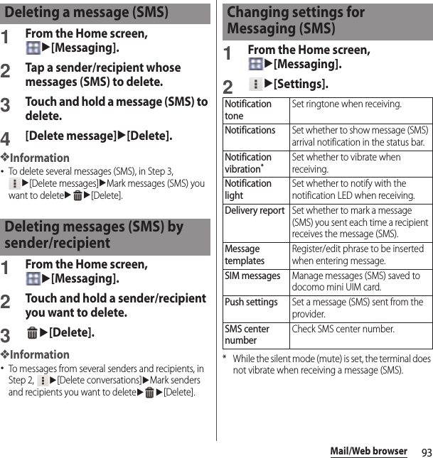 93Mail/Web browser1From the Home screen, u[Messaging].2Tap a sender/recipient whose messages (SMS) to delete.3Touch and hold a message (SMS) to delete.4[Delete message]u[Delete].❖Information･To delete several messages (SMS), in Step 3, u[Delete messages]uMark messages (SMS) you want to deleteuu[Delete].1From the Home screen, u[Messaging].2Touch and hold a sender/recipient you want to delete.3u[Delete].❖Information･To messages from several senders and recipients, in Step 2, u[Delete conversations]uMark senders and recipients you want to deleteuu[Delete].1From the Home screen, u[Messaging].2u[Settings].* While the silent mode (mute) is set, the terminal does not vibrate when receiving a message (SMS).Deleting a message (SMS)Deleting messages (SMS) by sender/recipientChanging settings for Messaging (SMS)Notification toneSet ringtone when receiving.NotificationsSet whether to show message (SMS) arrival notification in the status bar.Notification vibration*Set whether to vibrate when receiving.Notification lightSet whether to notify with the notification LED when receiving.Delivery reportSet whether to mark a message (SMS) you sent each time a recipient receives the message (SMS).Message templatesRegister/edit phrase to be inserted when entering message.SIM messagesManage messages (SMS) saved to docomo mini UIM card.Push settingsSet a message (SMS) sent from the provider.SMS center numberCheck SMS center number.