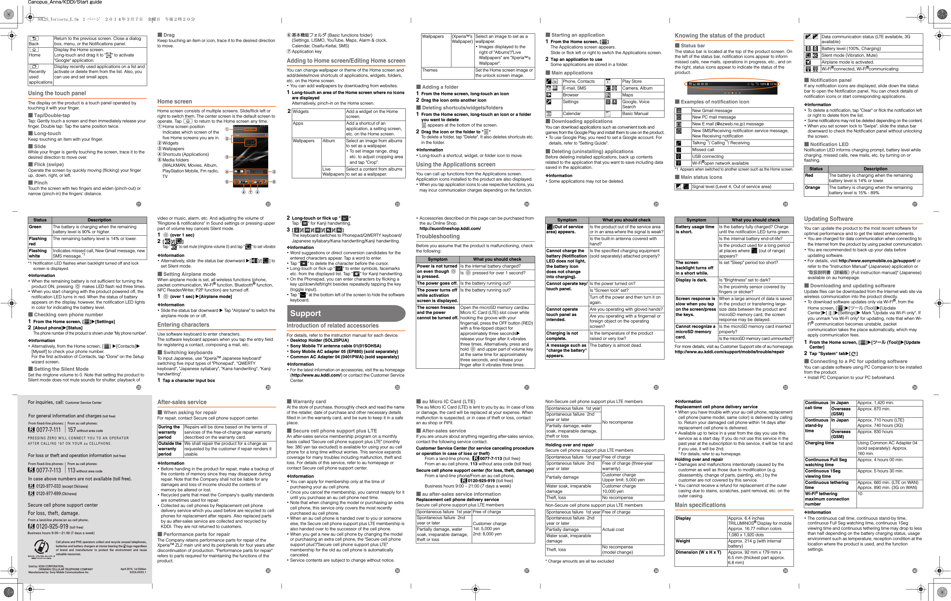 Canopus_Anna/KDDI/Start guideFor inquiries, call: Customer Service CenterFor general information and charges (toll free)For loss or theft and operation information (toll free)In case above numbers are not available (toll free).       0120-977-033 (except Okinawa)       0120-977-699 (Okinawa)From au cell phones:113 without area codeFrom ﬁxed-line phones:       0077-7-113From ﬁxed-line phones:       0077-7-111From au cell phones:157 without area codeSold by: KDDI CORPORATION,                OKINAWA CELLULAR TELEPHONE COMPANYManufactured by: Sony Mobile Communications Inc.April 2014, 1st EditionXXXX-XXXX.1Cell phone and PHS operators collect and recycle unused telephones, batteries and battery chargers at stores bearing the      logo regardless of  brand  and  manufacturer  to  protect  the  environment  and  reuse valuable resources.Secure cell phone support centerFor loss, theft, damage.From a land-line phone/an au cell phone,0120-925-919 (toll free)Business hours 9:00−21:00 (7 days a week)Using the touch panelThe display on the product is a touch panel operated by touching it with your finger.■Tap/Double-tapTap: Gently touch a screen and then immediately release your finger. Double tap: Tap the same position twice.■Long-touchKeep touching an item with your finger.■SlideWhile your finger is gently touching the screen, trace it to the desired direction to move over.■Flick (swipe)Operate the screen by quickly moving (flicking) your finger up, down, right, or left.■PinchTouch the screen with two fingers and widen (pinch-out) or narrow (pinch-in) the fingers&apos; distance.■DragKeep touching an item or icon, trace it to the desired direction to move.Home screenHome screen consists of multiple screens. Slide/flick left or right to switch them. The center screen is the default screen to operate. Tap y to return to the Home screen any time.aHome screen positionIndicates which screen of the five Home screens you are in.bWidgetscWallpapersdShortcuts (Applications)eMedia folders (WALKMAN, Movies, Album,  PlayStation Mobile, Fm radio, TVf基本機能フォルダ (Basic functions folder)(Settings, LISMO, YouTube, Maps, Alarm &amp; clock, Calendar, Osaifu-Keitai, SMS)gApplication keyAdding to Home screen/Editing Home screenYou can change wallpaper or theme of the Home screen and add/delete/move shortcuts of applications, widgets, folders, etc. on the Home screen.･You can add wallpapers by downloading from websites.1Long-touch an area of the Home screen where no icons are displayedAlternatively, pinch-in on the Home screen.■Adding a folder1From the Home screen, long-touch an icon2Drag the icon onto another icon■Deleting shortcuts/widgets/folders1From the Home screen, long-touch an icon or a folder you want to delete appears at the bottom of the screen.2Drag the icon or the folder to &quot; &quot;To delete a folder, tap &quot;Delete&quot;. It also deletes shortcuts etc. in the folder.❖Information･Long-touch a shortcut, widget, or folder icon to move.Using the Applications screenYou can call up functions from the Applications screen. Application icons installed to the product are also displayed.･When you tap application icons to use respective functions, you may incur communication charges depending on the function.■Starting an application1From the Home screen, [ ]The Applications screen appears.Slide or flick left or right to switch the Applications screen.2Tap an application to useSome applications are stored in a folder.■Main applications■Downloading applicationsYou can download applications such as convenient tools and games from the Google Play and install them to use on the product.･To use Google Play, you need to set a Google account. For details, refer to &quot;Setting Guide&quot;.■Deleting (uninstalling) applicationsBefore deleting installed applications, back up contents related to the application that you want to save including data saved in the application.❖Information･Some applications may not be deleted.Knowing the status of the product■Status barThe status bar is located at the top of the product screen. On the left of the status bar, notification icons appear to inform missed calls, new mails, operations in progress, etc., and on the right, status icons appear to indicate the status of the product.■Examples of notification icon*1 Appears when switched to another screen such as the Home screen.■Main status icons■Notification panelIf any notification icons are displayed, slide down the status bar to open the Notification panel. You can check details of notification icons or start corresponding applications.❖Information･To delete a notification, tap &quot;Clear&quot; or flick the notification left or right to delete from the list.･Some notifications may not be deleted depending on the content.･When you set screen lock to &quot;Swipe&quot;, slide the status bar downward to check the Notification panel without unlocking the screen.■Notification LEDNotification LED informs charging prompt, battery level while charging, missed calls, new mails, etc. by turning on or flashing.xBackReturn to the previous screen. Close a dialog box, menu, or the Notifications panel.yHomeDisplay the Home screen.Long-touch and drag it to &quot; &quot; to activate &quot;Google&quot; application.rRecently used applicationsDisplay recently used applications on a list and activate or delete them from the list. Also, you can use and set small apps.abcdebgd df2 Widgets Add a widget on the Home screen.Apps Add a shortcut of an application, a setting screen, etc. on the Home screen.Wallpapers Album Select an image from albums to set as a wallpaper.･To set image range, drag etc. to adjust cropping area and tap &quot;Crop&quot;.Live WallpapersSelect a content from albums to set as a wallpaper.Wallpapers (XperiaTM&apos;s Wallpaper)Select an image to set as a wallpaper.･Images displayed to the right of &quot;Albums&quot;/&quot;Live Wallpapers&quot; are &quot;XperiaTM&apos;s Wallpaper&quot;.Themes Set the Home screen image or the unlock screen image., Phone, Contacts Play Store, E-mail, SMS , Camera, AlbumBrowser MapsSettings , Google, Voice SearchCalendar Basic Manual New Gmail messageNew PC mail messageNew E mail (@ezweb.ne.jp) messageNew SMS/Receiving notification service message, New Receiving notificationTalking*1/ Calling*1/ ReceivingMissed callUSB connectingWi-Fi®open network available, Signal level (Level 4, Out of service area), Data communication status (LTE available, 3G available), Battery level (100%, Charging), Silent mode (Vibration, Mute)Airplane mode is activated.,Wi-Fi®connected, Wi-Fi®communicatingStatus DescriptionRed The battery is charging when the remaining battery level is 14% or lower.Orange The battery is charging when the remaining battery level is 15% - 89%.*1 Notification LED flashes when backlight turned off and lock screen is displayed.❖Information･When the remaining battery is not sufficient for turning the product ON, pressing P makes LED flash red three times.･When you start charging with the product powered off, the notification LED turns in red. When the status of battery appears on the display, however, the notification LED lights in color for indicating the battery level.■Checking own phone number1From the Home screen, [ ]X[Settings]2[About phone]X[Status]The phone number of the product is shown under &quot;My phone number&quot;.❖Information･Alternatively, from the Home screen, [ ] X[Contacts]X [Myself] to check your phone number.For the first activation of Contacts, tap &quot;Done&quot; on the Setup wizard screen.■Setting the Silent ModeSet the ringtone volume to 0. Note that setting the product to Silent mode does not mute sounds for shutter, playback of video or music, alarm, etc. And adjusting the volume of &quot;Ringtone &amp; notifications&quot; in Sound settings or pressing upper part of volume key cancels Silent mode.1P (over 1 sec)2[]/[]Tap &quot; &quot; to set mute (ringtone volume 0) and tap &quot; &quot; to set vibrator.❖Information･Alternatively, slide  the status bar downward X[]/[] to set Silent mode.■Setting Airplane modeWhen airplane mode is set, all wireless functions (phone, packet communication, Wi-Fi® function, Bluetooth® function, NFC Reader/Writer, P2P function) are turned off.1P (over 1 sec) u[Airplane mode]❖Information･Slide the status bar downward X Tap &quot;Airplane&quot; to switch the airplane mode on or off.Entering charactersUse software keyboard to enter characters.The software keyboard appears when you tap the entry field for registering a contact, composing a mail, etc.■Switching keyboardsTo input Japanese, use &quot;XperiaTM Japanese keyboard&quot; switching five input types of &quot;Phonepad&quot;, &quot;QWERTY keyboard&quot;, &quot;Japanese syllabary&quot;, &quot;Kana handwriting&quot;, &quot;Kanji handwriting&quot;.1Tap a character input box2Long-touch or flick up &quot; &quot;Tap &quot; &quot; for Kanji handwriting.3[]/[]/[]/[]/[]The keyboard switches to Phonepad/QWERTY keyboard/Japanese syllabary/Kana handwriting/Kanji handwriting.❖Information･Word suggestions or direct conversion candidates for the entered characters appear. Tap a word to enter.･Tap &quot; &quot; to delete the character before the cursor.･Long-touch or flick up &quot; &quot; to enter symbols, facemarks etc. from the displayed list. Tap &quot; &quot; for Kanji handwriting.･On the Phonepad, you can enter characters by flicking a key up/down/left/right besides repeatedly tapping the key (toggle input).･Tap &quot; &quot; at the bottom left of the screen to hide the software keyboard. SupportIntroduction of related accessoriesFor details, refer to the instruction manual for each device.･Desktop Holder (SOL25PUA)･Sony Mobile TV antenna cable 01(01SOHSA)･Sony Mobile AC adapter 05 (EP880) (sold separately)･Common AC Adapter 04 (0401PWA) (sold separately)❖Information･For the latest information on accessories, visit the au homepage (http://www.au.kddi.com/) or contact the Customer Service Center.･Accessories described on this page can be purchased from the au Online Shop.http://auonlineshop.kddi.com/TroubleshootingBefore you assume that the product is malfunctioning, check the following:For more details, visit au Customer Support site of au homepage.http://www.au.kddi.com/support/mobile/trouble/repairUpdating SoftwareYou can update the product to the most recent software for optimal performance and to get the latest enhancements.･You are charged for data communication when connecting to the Internet from the product by using packet communication.･You are recommended to back up your data before updating software.･For details, visit http://www.sonymobile.co.jp/support/ or refer to the &quot;Instruction Manual&quot; (Japanese) application or &quot;取扱説明書（詳細版） (Full instruction manual)&quot; (Japanese) available on au homepage.■Downloading and updating softwareUpdate files can be downloaded from the Internet web site via wireless communication into the product directly.･To download software updates only via Wi-Fi®, from the Home screen, [ ]X[ツール (Tool)]X[Update Center]X[]X[Settings]X Mark &quot;Update via Wi-Fi only&quot;. If you unmark &quot;via Wi-Fi only&quot; for updating, note that when Wi-Fi® communication becomes unstable, packet communication takes the place automatically, which may apply communication fees.1From the Home screen, [ ]X[ツール (Tool)]X[Update Center]2Tap &quot;System&quot; tabX[]■Connecting to a PC for updating softwareYou can update software using PC Companion to be installed from the product.･Install PC Companion to your PC beforehand.Green The battery is charging when the remaining battery level is 90% or higher.Flashing redThe remaining battery level is 14% or lower.Flashing whiteIndicates missed call, New Gmail message, new SMS message.*1Status DescriptionSymptom What you should checkPower is not turned on even though P is pressed.Is the internal battery charged?Is P pressed for over 1 second?The power goes off. Is the battery running out?The power turns off while activation screen is displayed.Is the battery running out?The screen freezes and the power cannot be turned off.Open the microSD memory card/au Micro IC Card (LTE) slot cover while hooking the groove with your fingernail, press the OFF button (RED) with a fine-tipped object for approximately three secondsu release your finger after it vibrates three times. Alternatively, press and hold P and upper part of volume key at the same time for approximately three seconds, and release your finger after it vibrates three times.(Out of service area) appears.Is the product out of the service area or in an area where the signal is weak?Is the built-in antenna covered with hand?Cannot charge the battery (Notification LED does not light, the battery icon does not change into charging).Is the specified charging equipment (sold separately) attached properly?Cannot operate key/touch panel.Is the power turned on?Is &quot;Screen lock&quot; set?Turn off the power and then turn it on again.Cannot operate touch panel as intended.Are you operating with gloved hands?Are you operating with a fingernail or foreign object on the operating screen?Charging is not complete.Is the temperature of the product raised or very low?A message such as &quot;charge the battery&quot; appears.The battery is almost dead.Symptom What you should checkBattery usage time is short.Is the battery fully charged? Charge until the notification LED turns green.Is the internal battery end-of-life?Is the product used for a long period at places where   (out of range) appears?The screen backlight turns off in a short while.Is set &quot;Sleep&quot; period too short?Display is dark. Is &quot;Brightness&quot; set to dark?Is the proximity sensor covered by fingers or sticker?Screen response is slow when you tap on the screen/press the keys.When a large amount of data is saved in the product or transferring large-size data between the product and microSD memory card, the screen response may be delayed.Cannot recognize a microSD memory card.Is the microSD memory card inserted properly?Is the microSD memory card unmounted?Symptom What you should checkAfter-sales service■When asking for repairFor repair, contact Secure cell phone support center.❖Information･Before handing in the product for repair, make a backup of the contents of memory since they may disappear during repair. Note that the Company shall not be liable for any damages and loss of income should the contents of memory be altered or lost.･Recycled parts that meet the Company&apos;s quality standards are sometimes used for repair.･Collected au cell phones by Replacement cell phone delivery service which you used before are recycled to cell phones for replacement after repairs. Also replaced parts by au after-sales service are collected and recycled by KDDI. They are not returned to customers.■Performance parts for repairThe Company retains performance parts for repair of the XperiaTM ZL2 main unit and its peripherals for four years after discontinuation of production. &quot;Performance parts for repair&quot; refers to parts required for maintaining the functions of the product.■Warranty cardAt the store of purchase, thoroughly check and read the name of the retailer, date of purchase and other necessary details filled in on the warranty card, and be sure to keep it in a safe place.■Secure cell phone support plus LTEAn after-sales service membership program on a monthly basis called &quot;Secure cell phone support plus LTE&quot; (monthly fee: 380 yen tax excluded) is available for using your au cell phone for a long time without worries. This service expands coverage for many troubles including malfunction, theft and loss. For details of this service, refer to au homepage or contact Secure cell phone support center.❖Information･You can apply for membership only at the time of purchasing your au cell phone.･Once you cancel the membership, you cannot reapply for it until you purchase an au cell phone next time.･Note that when changing the model or purchasing an extra cell phone, this service only covers the most recently purchased au cell phone.･When an au cell phone is handed over to you or someone else, the Secure cell phone support plus LTE membership is also handed over to the successor of the cell phone.･When you get a new au cell phone by changing the model or purchasing an extra cell phone, the &quot;Secure cell phone support plus&quot;/&quot;Secure cell phone support plus LTE&quot; membership for the old au cell phone is automatically canceled.･Service contents are subject to change without notice.■au Micro IC Card (LTE)The au Micro IC Card (LTE) is lent to you by au. In case of loss or damage, the card will be replaced at your expense. When malfunction is suspected, or in case of theft or loss, contact an au shop or PiPit.■After-sales serviceIf you are unsure about anything regarding after-sales service, contact the following service contact.Customer Service Center (for service canceling procedure or operation in case of loss or theft)From a land-line phone,  0077-7-113 (toll free)From an au cell phone, 113 without area code (toll free)Secure cell phone support center (for loss, theft, damage) From a land-line phone/From an au cell phone,0120-925-919 (toll free)Business hours 9:00 – 21:00 (7 days a week)■au after-sales service informationReplacement cell phone delivery serviceSecure cell phone support plus LTE membersNon-Secure cell phone support plus LTE membersHolding over and repairSecure cell phone support plus LTE membersNon-Secure cell phone support plus LTE members* Charge amounts are all tax excluded❖InformationReplacement cell phone delivery service･When you have trouble with your au cell phone, replacement cell phone (same model, same color) is delivered by calling to. Return your damaged cell phone within 14 days after replacement cell phone is delivered.･Available up to twice in a year from the day you use this service as a start day. If you do not use this service in the past year at the subscription to this service, it will be 1st and if you use, it will be 2nd.* For details, refer to au homepage.Holding over and repair ･Damages and malfunctions intentionally caused by the customer as well as those due to modification (e.g. disassembly, change of parts, painting, etc.) by the customer are not covered by this service.･You cannot receive a refund for replacement of the outer casing due to stains, scratches, paint removal, etc. on the outer casing.Main specifications❖Information･The continuous call time, continuous stand-by time, continuous Full Seg watching time, continuous 1Seg viewing time and continuous tethering time may drop to less than half depending on the battery charging status, usage environment such as temperature, reception condition at the location where the product is used, and the function settings.During the warranty periodRepairs will be done based on the terms of services of the free-of-charge repair warranty described on the warranty card.Outside the warranty periodWe shall repair the product for a charge as requested by the customer if repair renders it usable.Spontaneous failure  1st yearFree of chargeSpontaneous failure  2nd year or later Customer charge1st: 5,000 yen2nd: 8,000 yenPartially damage, water soak, irreparable damage, theft or lossSpontaneous failure  1st yearNo recompenseSpontaneous failure  2nd year or laterPartially damage, water soak, irreparable damage, theft or lossSpontaneous failure  1st yearFree of chargeSpontaneous failure  2nd year or laterFree of charge (three-year warranty)Partially damage Customer chargeUpper limit: 5,000 yenWater soak, irreparable damageCustomer charge10,000 yenTheft, loss No recompenseSpontaneous failure  1st yearFree of chargeSpontaneous failure  2nd year or laterActual costPartially damageWater soak, irreparable damageTheft, loss No recompense(model change)Display Approx. 6.4 inches TRILUMINOS® Display for mobile Approx. 16.77 million colors1,080 x 1,920 dotsWeight Approx. 214 g (with internal battery)Dimension (W x H x T) Approx. 92 mm x 179 mm x 6.5 mm (thickest part approx. 6.8 mm)Continuous call timeIn Japan Approx. 1,420 min.Overseas (GSM)Approx. 870 min.Continuous stand-by timeIn Japan Approx. 710 hours (LTE)Approx. 740 hours (3G)Overseas (GSM)Approx. 830 hoursCharging time Using Common AC Adapter 04 (sold separately): Approx. 160 min.Continuous Full Seg watching timeApprox. 4 hours 00 min.Continuous 1Seg viewing timeApprox. 5 hours 30 min.Continuous tethering timeApprox. 660 min. (LTE on WAN)Approx. 890 min. (3G on WAN)Wi-Fi® tethering maximum connection number10wxyzADEFGHBCJKLMNuvISOL25_Torisetu_E.fm  2 ページ  ２０１４年３月７日　金曜日　午後２時２０分