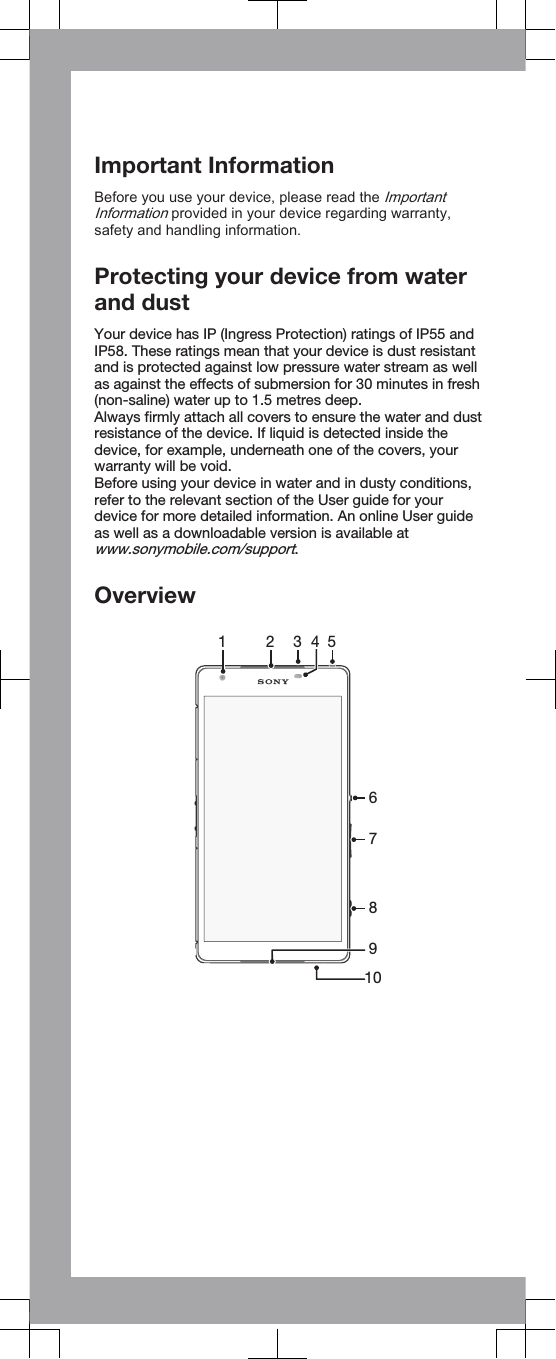 Important InformationBefore you use your device, please read the ImportantInformation provided in your device regarding warranty,safety and handling information.Protecting your device from waterand dustYour device has IP (Ingress Protection) ratings of IP55 andIP58. These ratings mean that your device is dust resistantand is protected against low pressure water stream as wellas against the effects of submersion for 30 minutes in fresh(non-saline) water up to 1.5 metres deep.Always firmly attach all covers to ensure the water and dustresistance of the device. If liquid is detected inside thedevice, for example, underneath one of the covers, yourwarranty will be void.Before using your device in water and in dusty conditions,refer to the relevant section of the User guide for yourdevice for more detailed information. An online User guideas well as a downloadable version is available atwww.sonymobile.com/support.Overview61 2 3 5784910   