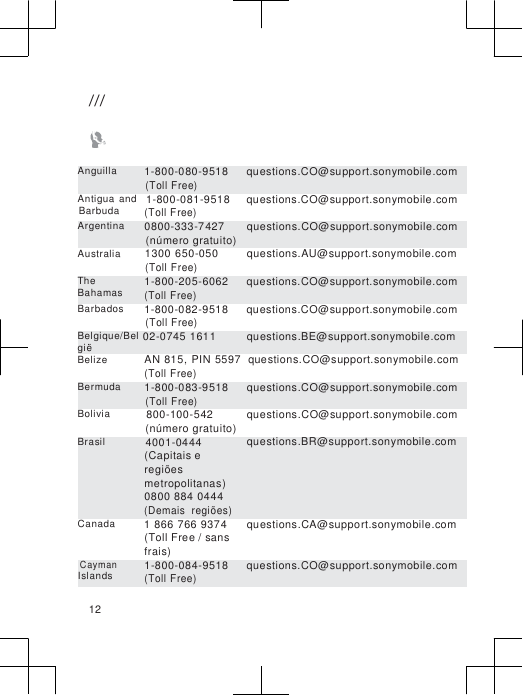                      ///   Anguilla  1-800-080-9518 (Toll Free) Antigua  and   1-800-081-9518 questions.CO@support.sonymobile.com  questions.CO@support.sonymobile.com Barbuda (Toll Free) Argentina  0800-333-7427 (número gratuito) Australia   1300 650-050 (Toll Free) questions.CO@support.sonymobile.com questions.AU@support.sonymobile.com The Bahamas 1-800-205-6062 (Toll Free) questions.CO@support.sonymobile.com Barbados  1-800-082-9518 (Toll Free) questions.CO@support.sonymobile.com Belgique/Bel  02-0745  1611  questions.BE@support.sonymobile.com gië Belize  AN 815,  PIN  5597   questions.CO@support.sonymobile.com (Toll Free) Bermuda  1-800-083-9518 (Toll Free) Bolivia   800-100-542 (número gratuito) Brasil   4001-0444 (Capitais e regiões metropolitanas) 0800 884 0444 (Demais  regiões) Canada  1 866 766 9374 (Toll Free / sans frais) questions.CO@support.sonymobile.com questions.CO@support.sonymobile.com questions.BR@support.sonymobile.com    questions.CA@support.sonymobile.com Cayman Islands 1-800-084-9518 (Toll Free) questions.CO@support.sonymobile.com  12 