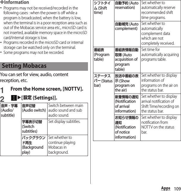 109Apps❖Information･Programs may not be received/recorded in the following cases : when the power is off while a program is broadcasted, when the battery is low, when the terminal is in a poor reception area such as out of the Mobacas service area etc., microSD card is not inserted, available memory space in the microSD card/internal storage is low.･Programs recorded in the microSD card or internal storage can be watched only on the terminal.･Some programs may not be recorded.You can set for view, audio, content reception, etc.1From the Home screen, [NOTTV].2u[設定 (Settings)].Setting Mobacas音声・字幕 (Audio/subtitle)音声切替 (Audio switch)Switch between main audio sound and sub audio sound.字幕表示切替 (Switch subtitles)Set display subtitles.バックグラウンド再生 (Background play)Set whether to continue playing Mobacas in background.シフトタイム (Shift time)自動予約 (Auto reservation)Set whether to automatically reserve recommended shift time programs.自動補完 (Auto complement)Set whether to automatically complement data which are not completely received.番組表 (Program table)番組表情報自動取得 (Auto acquisition of program table)Set time for automatically acquiring programs table.ステータスバー (Status bar)放送中番組の表示 (Show program on the air)Set whether to display information of programs on the air on the status bar.新着情報の通知 (Notification of arrival information)Set whether to display arrival notification of Shift Time/recording on the status bar.お知らせ情報の通知 (Notification of notice information)Set whether to display notification from NOTTV on the status bar.