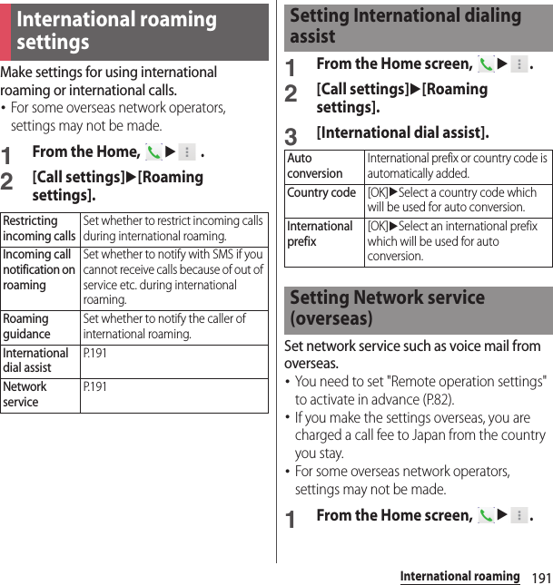 191International roamingMake settings for using international roaming or international calls.･For some overseas network operators, settings may not be made.1From the Home, u .2[Call settings]u[Roaming settings].1From the Home screen, u.2[Call settings]u[Roaming settings].3[International dial assist].Set network service such as voice mail from overseas.･You need to set &quot;Remote operation settings&quot; to activate in advance (P.82).･If you make the settings overseas, you are charged a call fee to Japan from the country you stay.･For some overseas network operators, settings may not be made.1From the Home screen, u.International roaming settingsRestricting incoming callsSet whether to restrict incoming calls during international roaming.Incoming call notification on roamingSet whether to notify with SMS if you cannot receive calls because of out of service etc. during international roaming.Roaming guidanceSet whether to notify the caller of international roaming.International dial assistP. 1 9 1Network serviceP. 1 9 1Setting International dialing assistAuto conversionInternational prefix or country code is automatically added.Country code[OK]uSelect a country code which will be used for auto conversion.International prefix[OK]uSelect an international prefix which will be used for auto conversion.Setting Network service (overseas)