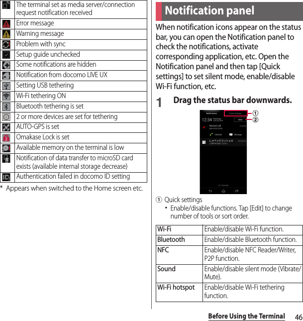 46Before Using the Terminal*Appears when switched to the Home screen etc.When notification icons appear on the status bar, you can open the Notification panel to check the notifications, activate corresponding application, etc. Open the Notification panel and then tap [Quick settings] to set silent mode, enable/disable Wi-Fi function, etc.1Drag the status bar downwards.aQuick settings･Enable/disable functions. Tap [Edit] to change number of tools or sort order.The terminal set as media server/connection request notification receivedError messageWarning messageProblem with syncSetup guide uncheckedSome notifications are hiddenNotification from docomo LIVE UXSetting USB tetheringWi-Fi tethering ONBluetooth tethering is set2 or more devices are set for tetheringAUTO-GPS is setOmakase Lock is setAvailable memory on the terminal is lowNotification of data transfer to microSD card exists (available internal storage decrease)Authentication failed in docomo ID settingNotification panelWi-FiEnable/disable Wi-Fi function.BluetoothEnable/disable Bluetooth function.NFCEnable/disable NFC Reader/Writer, P2P function.SoundEnable/disable silent mode (Vibrate/Mute).Wi-Fi hotspotEnable/disable Wi-Fi tethering function.ab